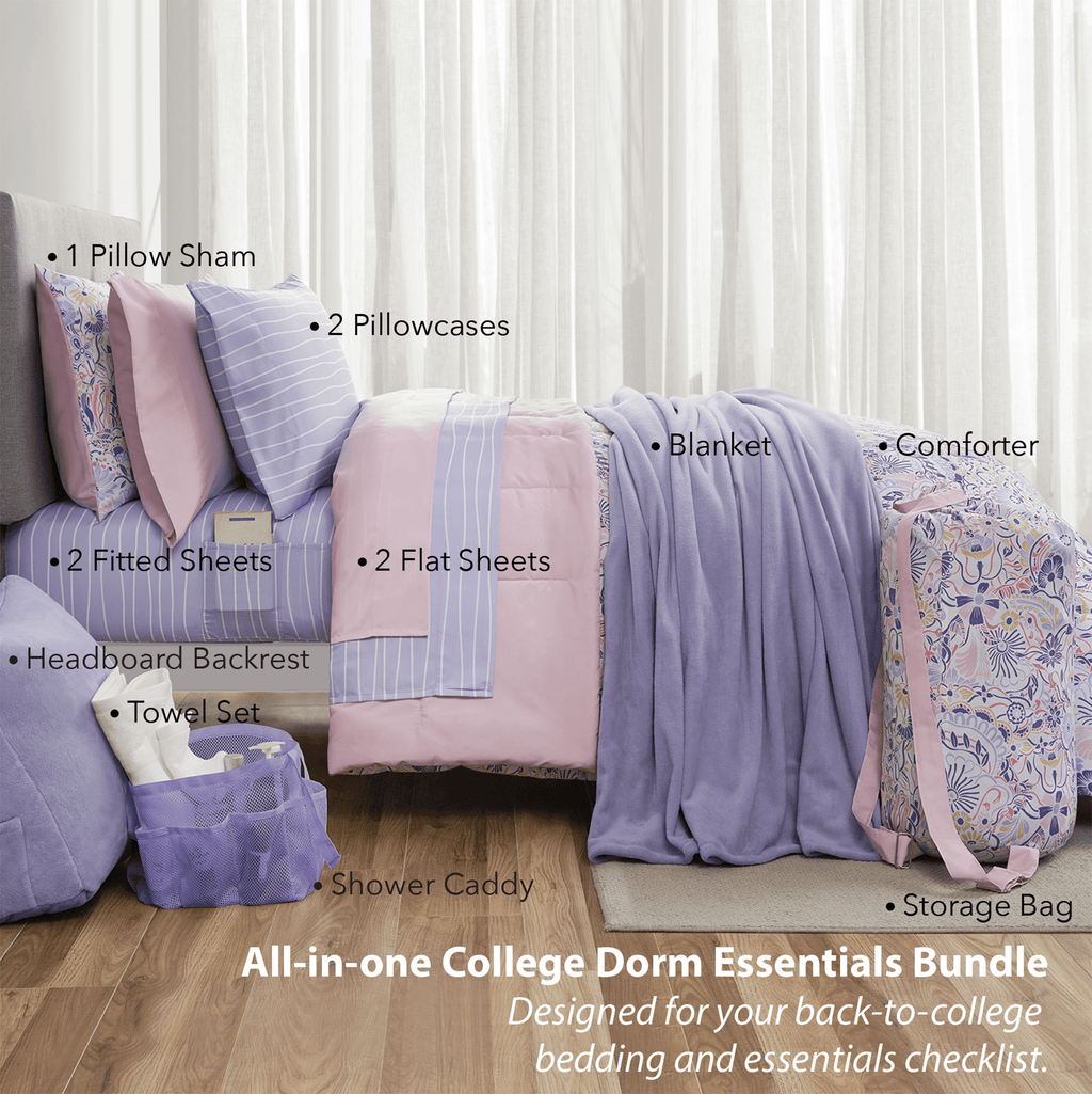 Hypoallergenic Cloud 14pc College Dorm Essentials Bundle, Twin-XL, Reversible Bed in a Bag Comforter Set, Purple Floral - All-Season Down Alternative Comforter Insert Detail