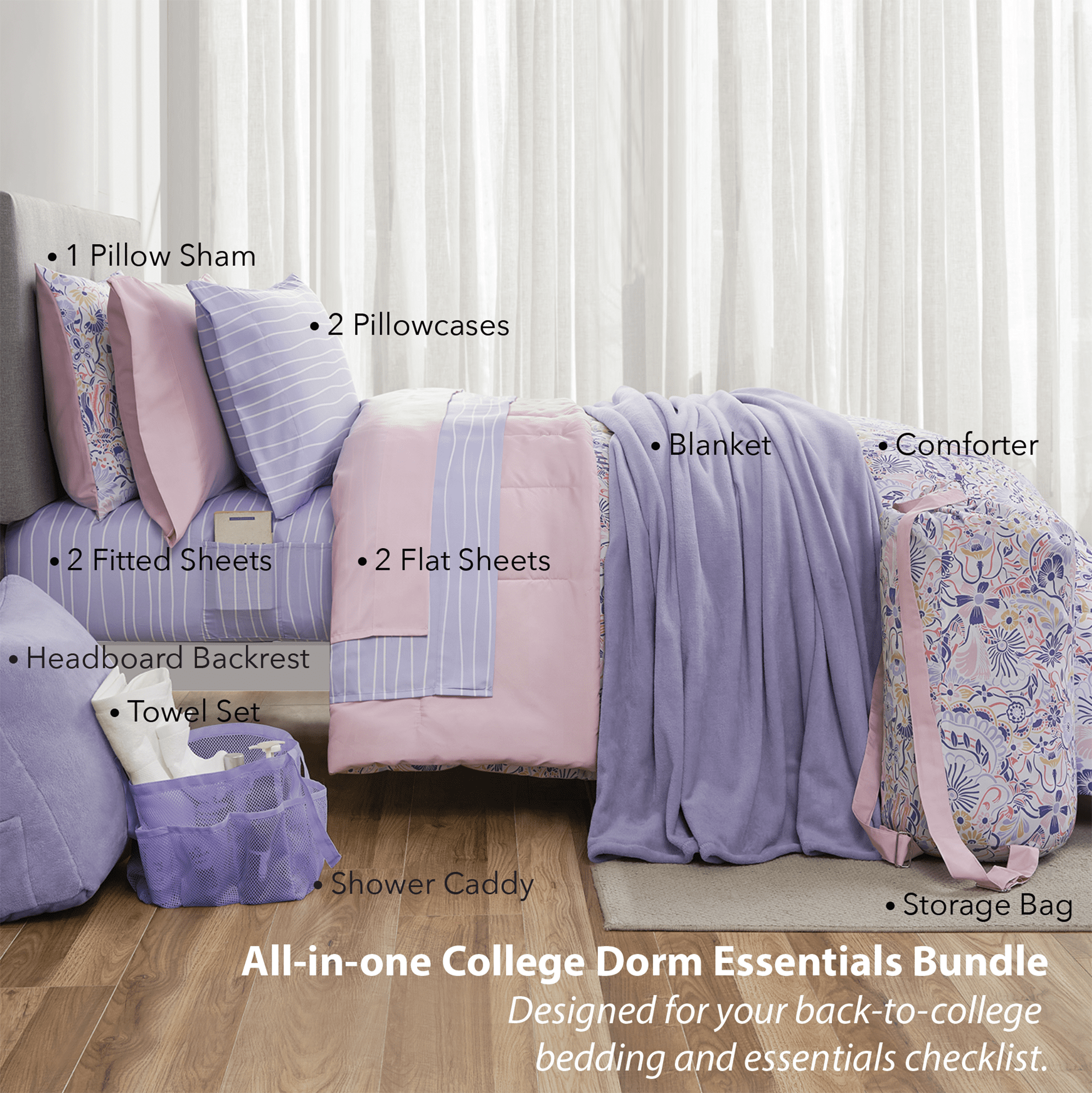Hypoallergenic Cloud 14pc College Dorm Essentials Bundle, Twin-XL, Reversible Bed in a Bag Comforter Set, Purple Floral - All-Season Down Alternative Comforter Insert Detail