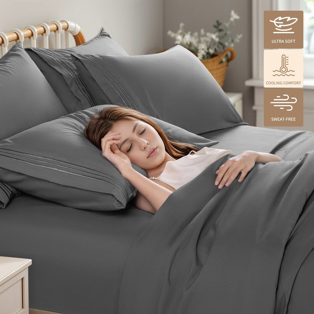 Cooling Sateen 6 Pieces Bed Sheet Set, 1800 Series Soft Microfiber Queen Sheets with 16" Deep Pocket, Dark Gray - Breathable Egyptian Cotton Flat & Fitted Sheets Detail