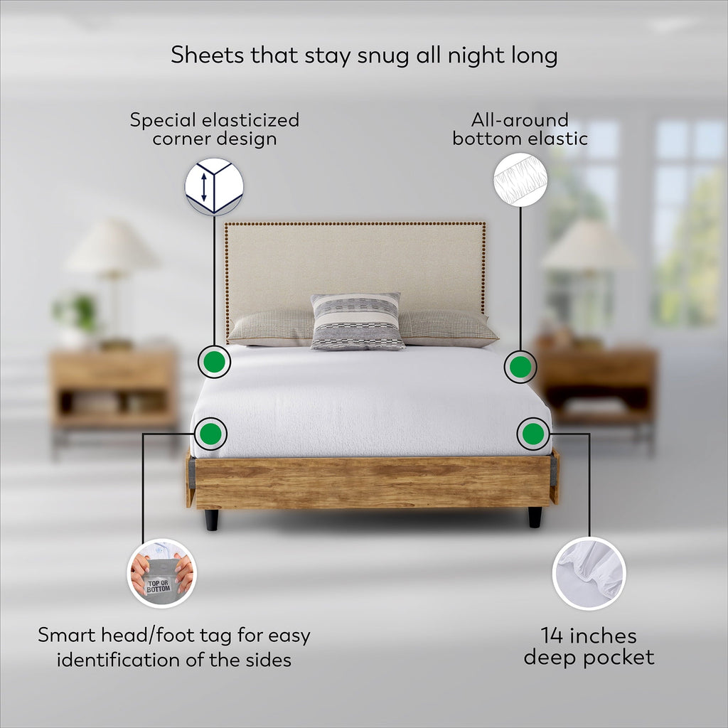 Premium Egyptian Cotton Soft Finish Microfiber Percale Queen Bed Sheet Set – 4-Piece Lightweight, Wrinkle-Resistant, Quick-Dry, Light Gray - Luxury Bed Sheet Set with Deep Pockets Detail