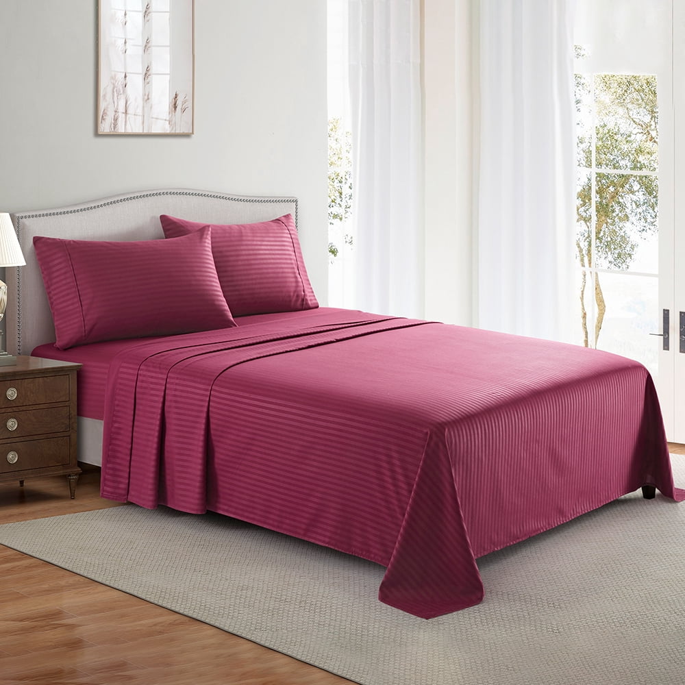 Wrinkle-Resistant Bedding Set with Flat Sheet, Fitted Bed Sheet & Pillowcases, Full Burgundy - Breathable Egyptian Cotton Flat & Fitted Sheets Detail