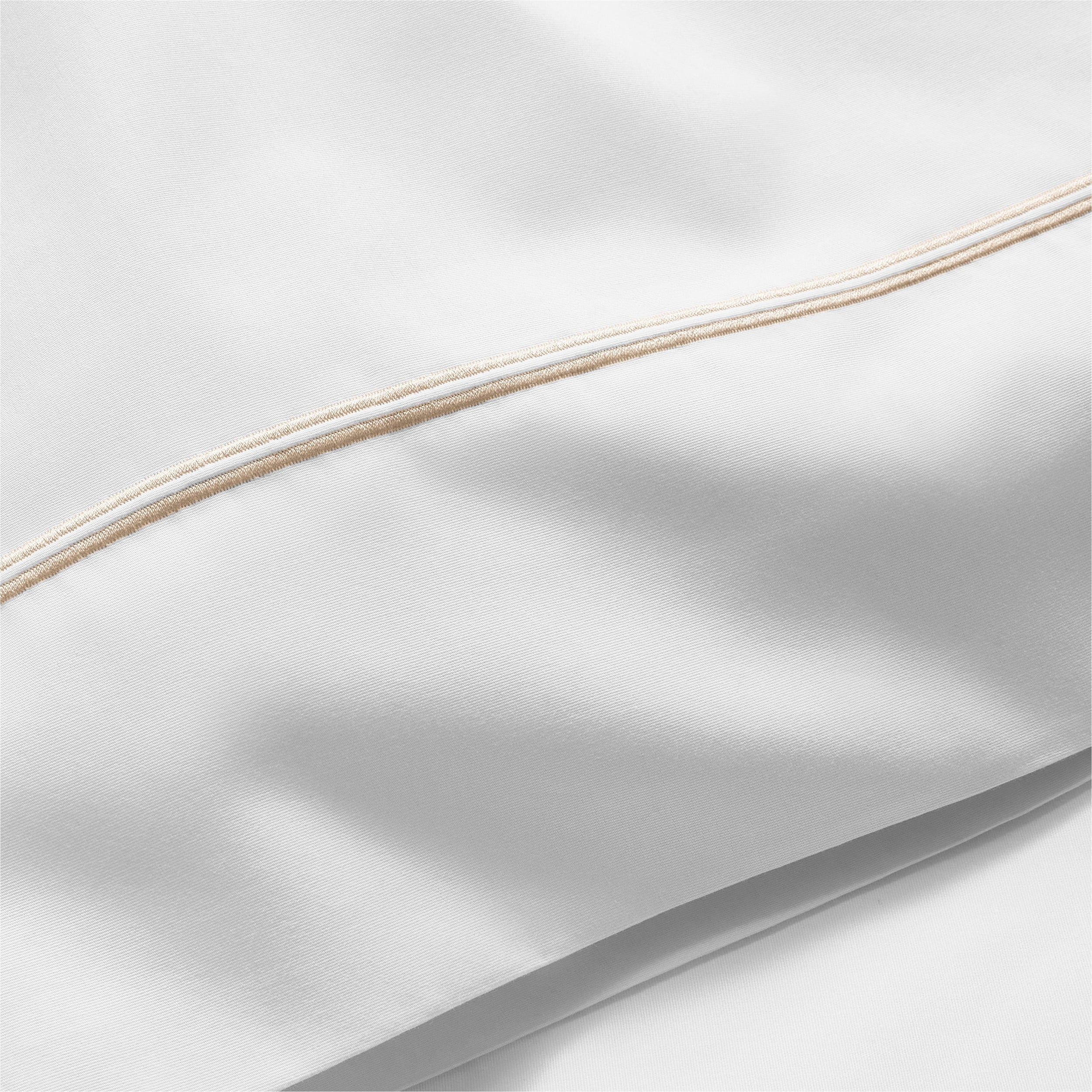 Cooling Sateen 4-Piece 300 Thread Count White Pima Cotton Bed Sheet Set with Tan Hem, Full , Adult/Teen - Breathable Egyptian Cotton Flat & Fitted Sheets Detail