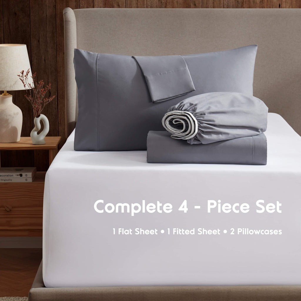 Breathable Luxury Queen Sheets Set, 1800 Series 4 Piece Sheets , Luxury Soft Microfiber Queen Size Bed Sheets Set, Gray - Premium Ultra-Soft Pillowcase Pair for Sleeping Detail