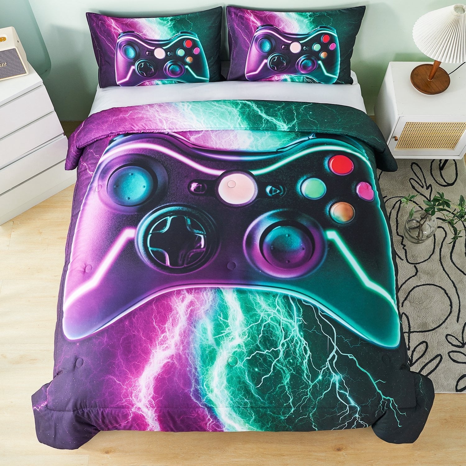 Heavyweight Warmth Queen Size Gaming Comforter Set for Boys,3-Piece 3D Green Purple Lightning Game Controller Bedding Set for Kids Teens - Cloud-Like Soft Lightweight Bed Comforter Detail