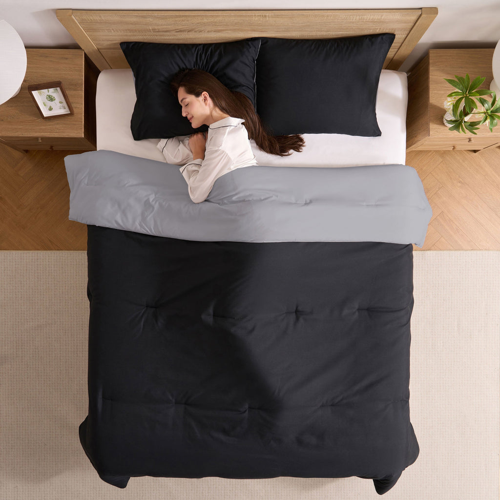 Fluffy Down Alternative Comforter Sets, All Season Lightweight Reversible Queen Comforter Set, 3-Pc Bedding Sets, Black/Charcoal gray - Hypoallergenic Ultra-Fluffy Quilt for Winter Detail
