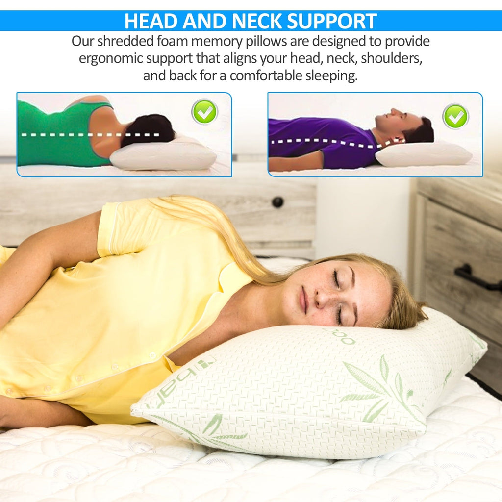 Ergonomic Memory Foam Queen Size Bamboo Pillow, Memory Foam Bed Pillows with Washable Pillowcases, Queen - Orthopedic Shredded Foam Bed Pillow Set Detail