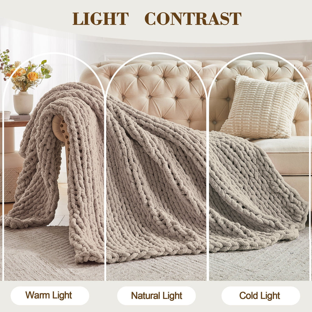 Cozy Fleece Chunky Knit Throw Blanket Handmade Soft Throws for Couch Sofa Bed, 50" x 60" Taupe - Lightweight Plush Warm Blanket for All Seasons Detail