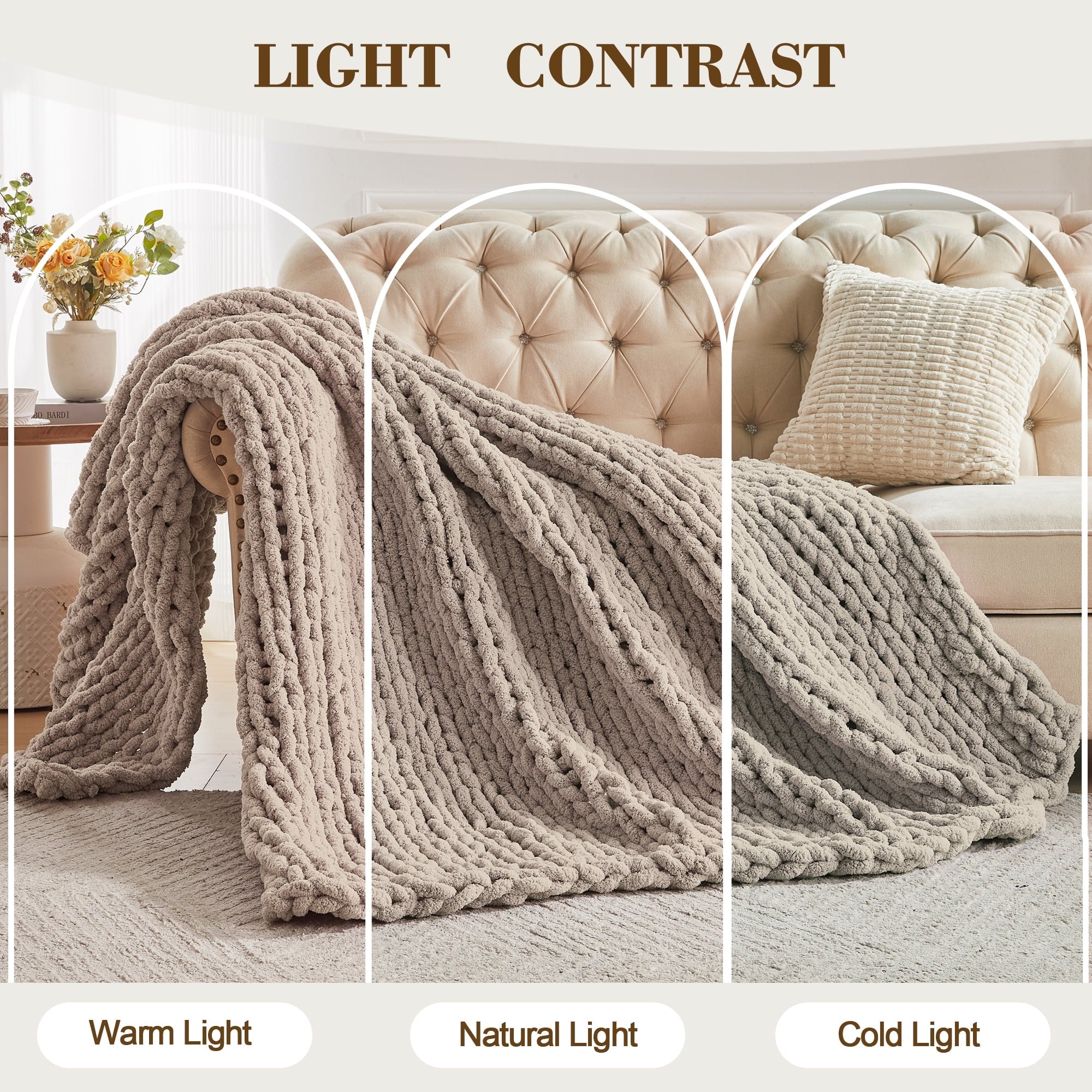 Cozy Fleece Chunky Knit Throw Blanket Handmade Soft Throws for Couch Sofa Bed, 50" x 60" Taupe - Lightweight Plush Warm Blanket for All Seasons Detail