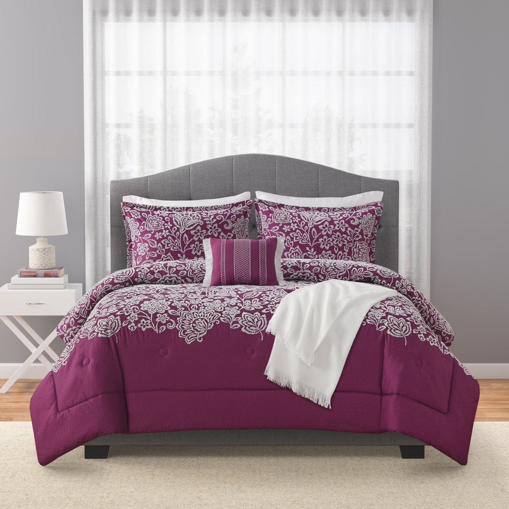 Hypoallergenic Cloud 5-Piece Jacquard Comforter Set with Decor Pillow and Throw Purple Flocking Embroidery Bedding Set, Full/Queen - Cloud-Like Soft Lightweight Bed Comforter Detail