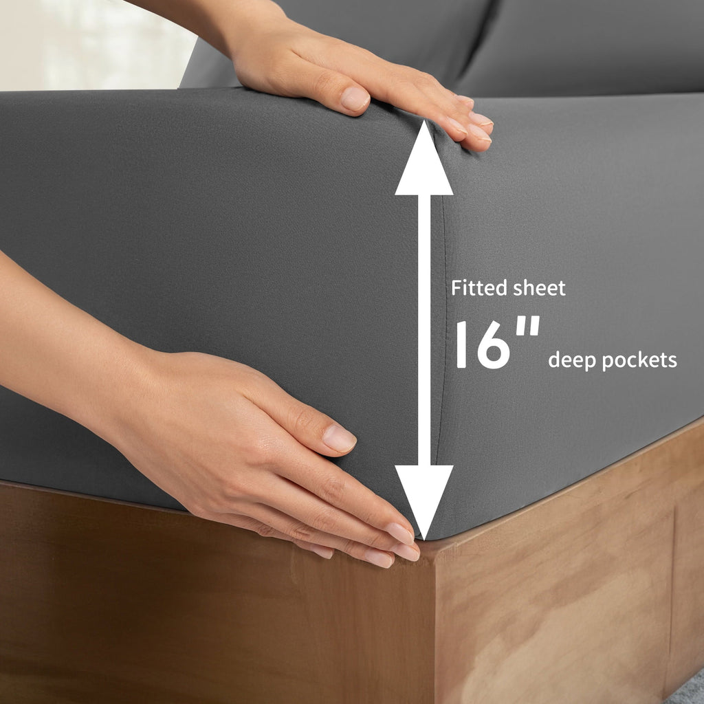 Cooling Sateen 6 Pieces Bed Sheet Set, 1800 Series Soft Microfiber Queen Sheets with 16" Deep Pocket, Dark Gray - Breathable Egyptian Cotton Flat & Fitted Sheets Detail