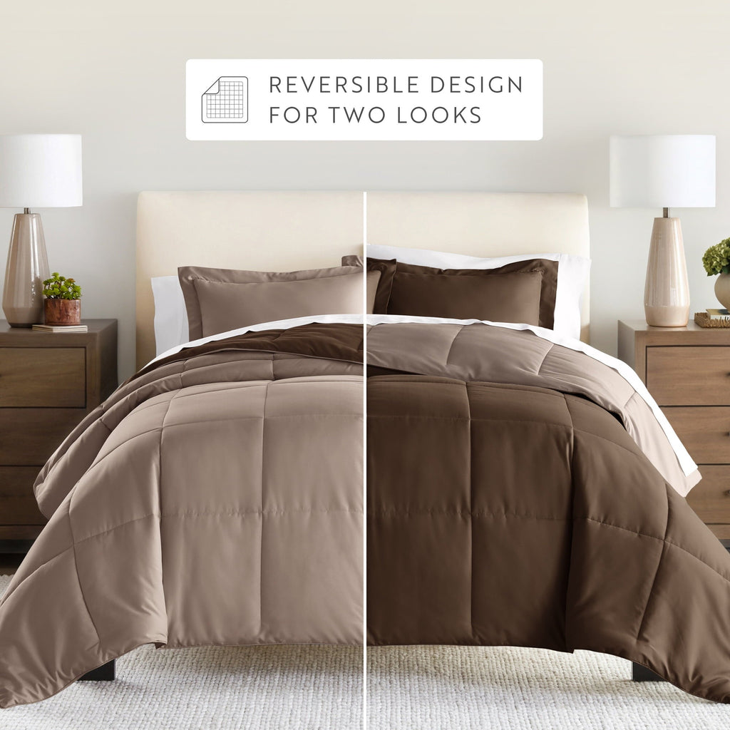 Luxurious Quilted All Season Reversible Comforter Set Breathable Cool in Taupe & Chocolate Brown Full/Queen Size Bedding - Hypoallergenic Ultra-Fluffy Quilt for Winter Detail