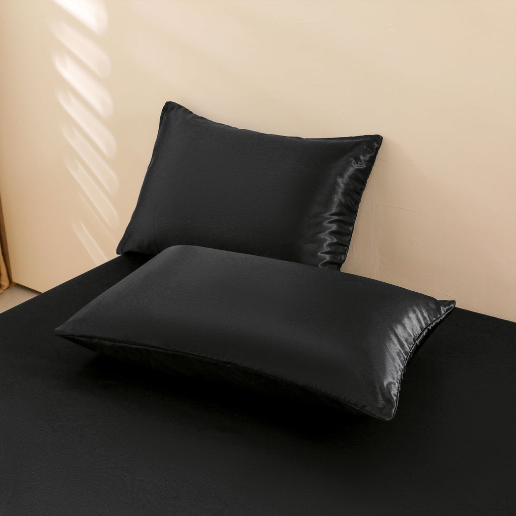 Premium Egyptian Cotton 4Pcs Black Satin Sheets Queen Set Silk Sheets 13" Deep Pocket Ultra Soft silky Bed Sheet Set - Cooling Hotel Quality Bedding Sheets and Pillowcases Detail