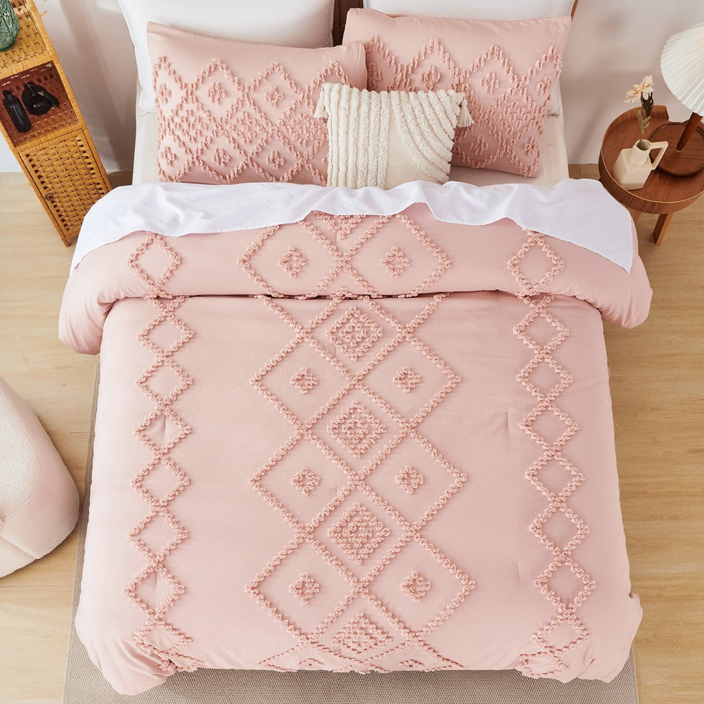 Heavyweight Warmth Pink Diamond Jacquard Comforter Set Queen 3 Pcs Bohemian Tufts Quilt Set for Kids Girls Adult 100% Soft Microfiber Be... - Hypoallergenic Ultra-Fluffy Quilt for Winter Detail