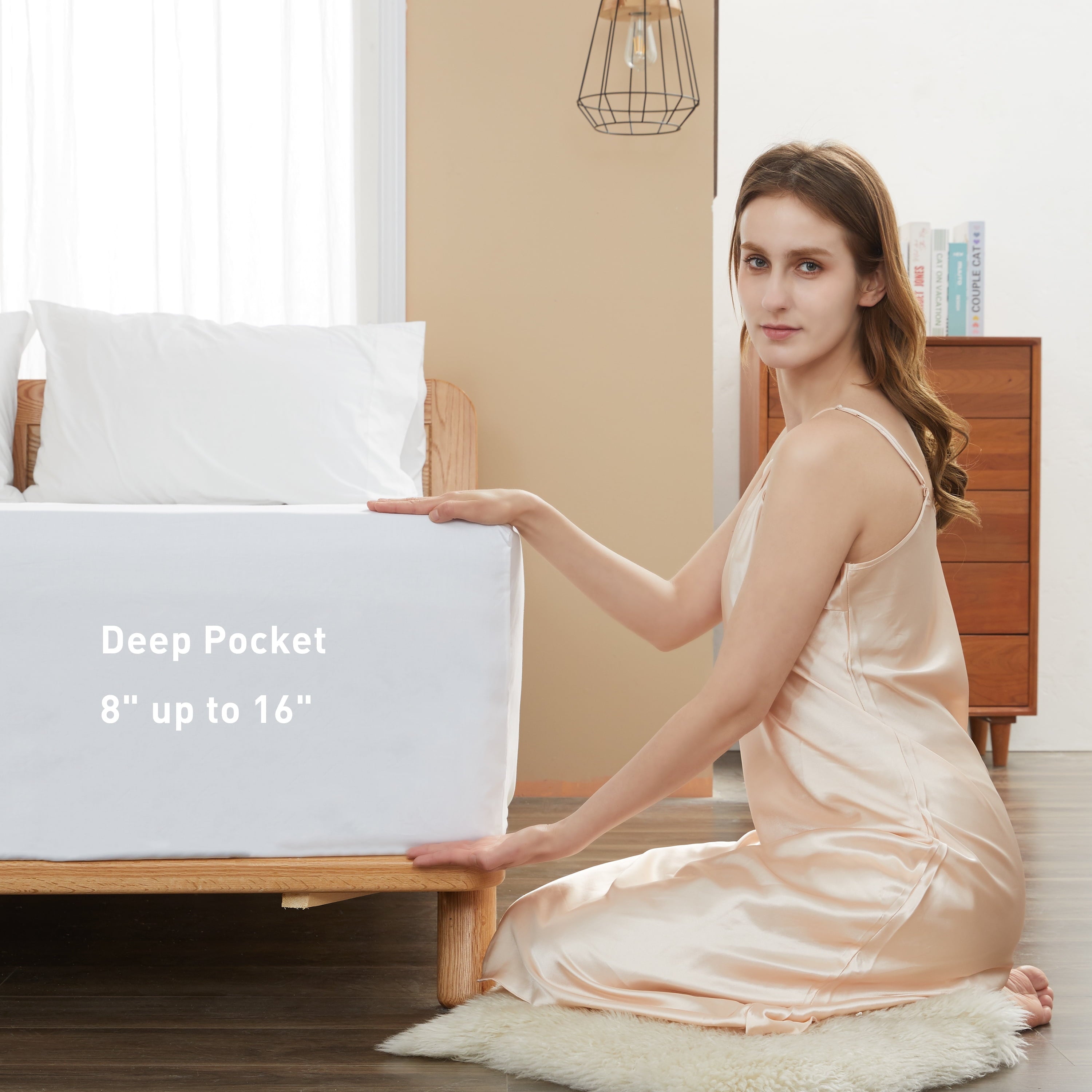 Wrinkle-Resistant 100% Cotton Queen Size Fitted Sheet Only, 300 Thread Count White Fitted Bed Sheet with 22” Extra Deep Pocket, Soft & ... - Cooling Hotel Quality Bedding Sheets and Pillowcases Detail