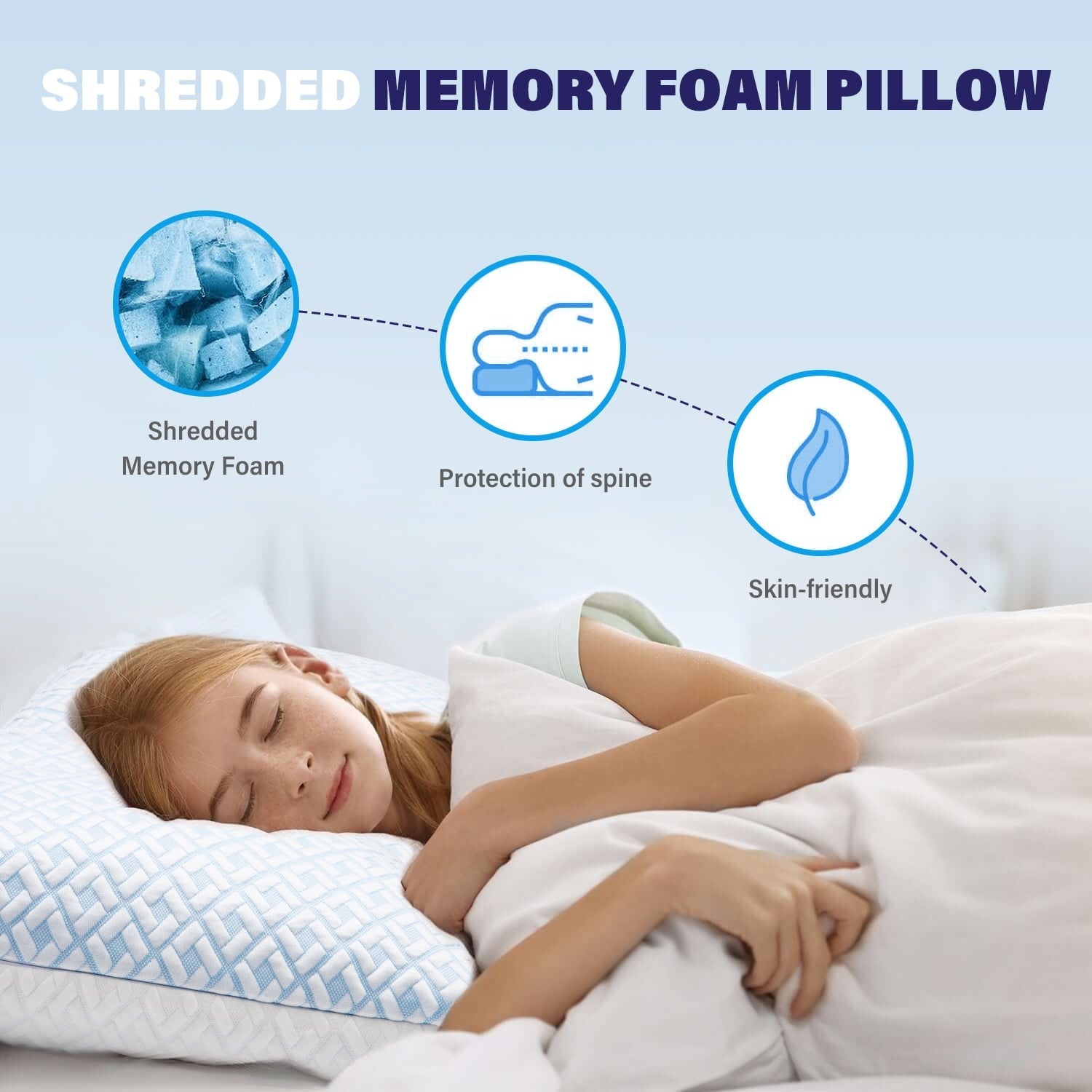 Orthopedic Support Cooling Bed Pillows for Sleeping Shredded Memory Foam Pillows Queen Size Set of 2 Pack - Decorative Throw Pillow Cushion for Sofa & Bed Detail