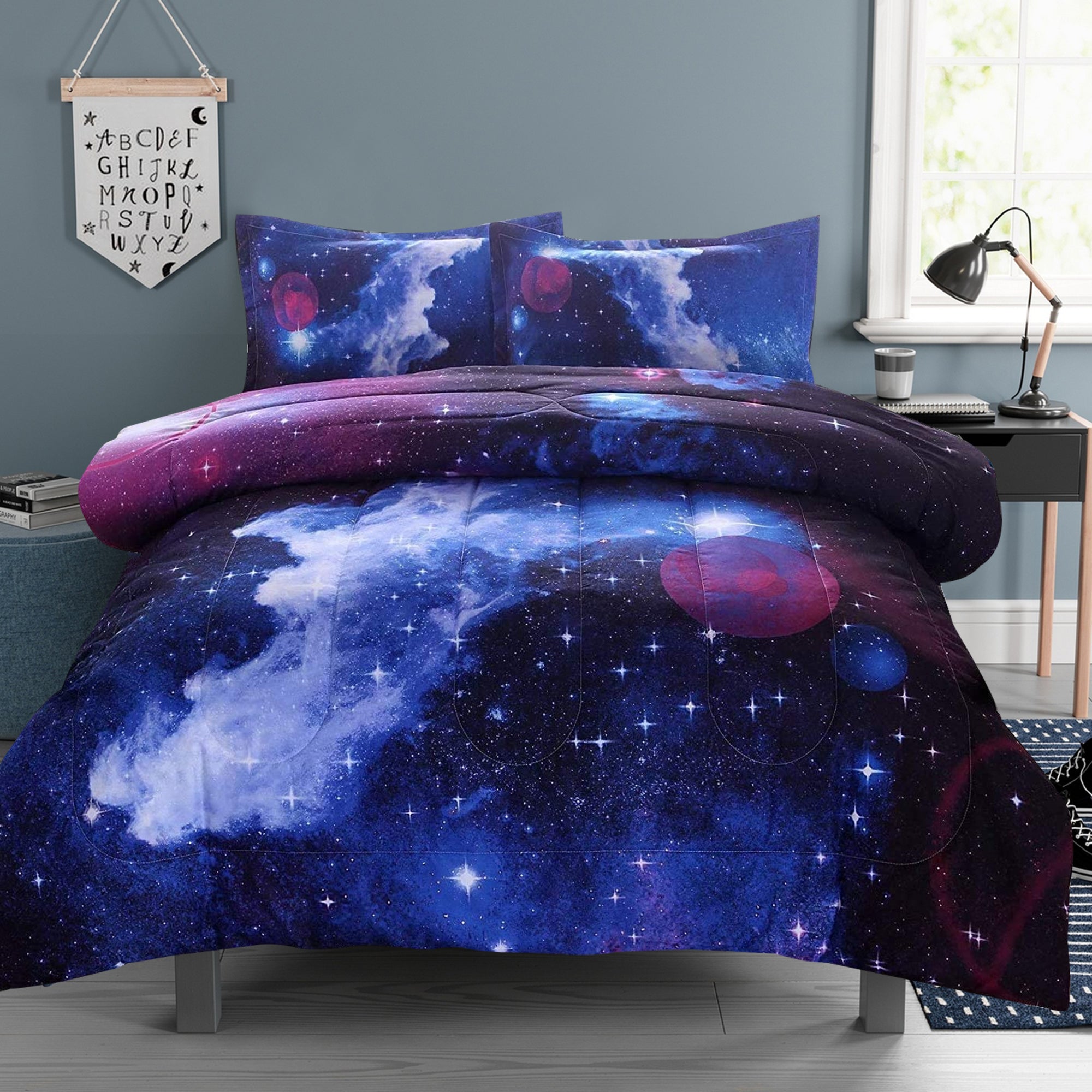 Fluffy Down Alternative Galaxy Bedding Sets Outer Space Comforter 3D Printed Space Quilt Set Full Size for Kids Blue - Cloud-Like Soft Lightweight Bed Comforter Detail
