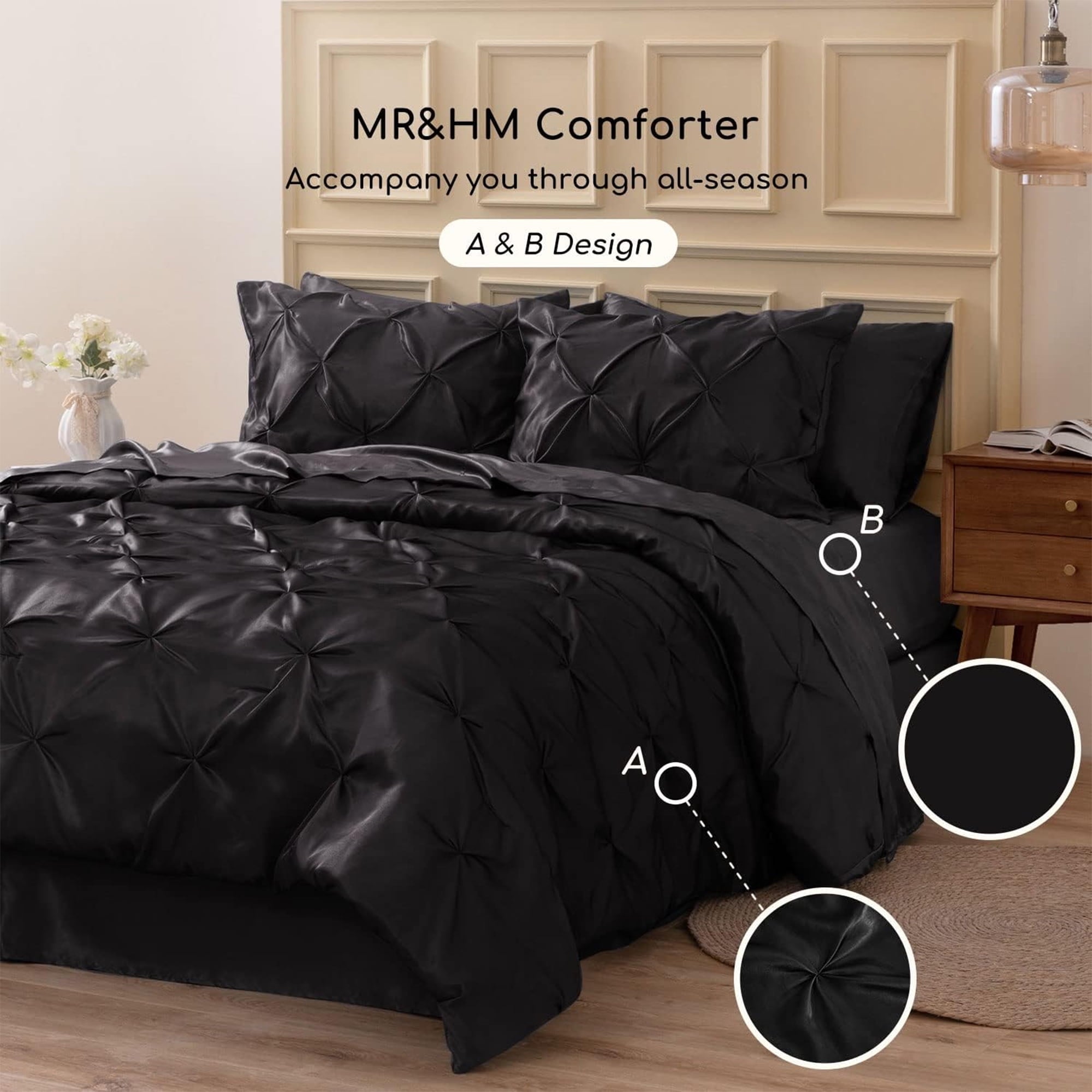 Hypoallergenic Cloud Satin Comforter Set 7 Pieces Queen Size - Luxurious Pinch Pleat Bed in a Bag with Satin Comforter, Satin Sheets, Sati... - Luxurious Quilted Duvet Cover Set Detail