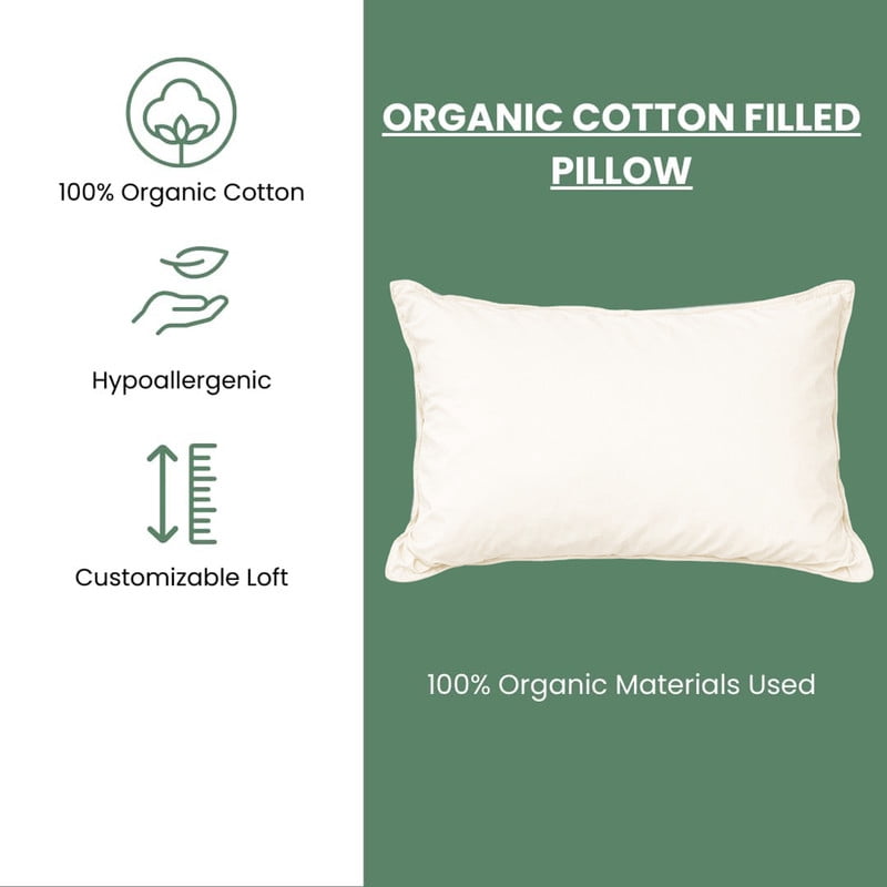 Decorative Plump 100% Organic Cotton Pillow with Organic Cotton Cover - GOTS CERTIFIED - Adjustable Loft, Head Neck Pain Relief, Back ... - Orthopedic Shredded Foam Bed Pillow Set Detail