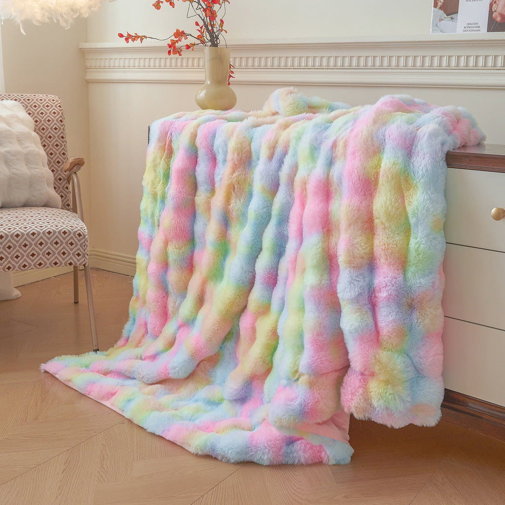 Super Soft Flannel Fluffy Faux Rabbit Fur Bubble Throw, Rainbow Plush Shaggy Blanket for Couch Sofa Chair, Soft Tie Dye Furry Blanket Ad... - Lightweight Plush Warm Blanket for All Seasons Detail