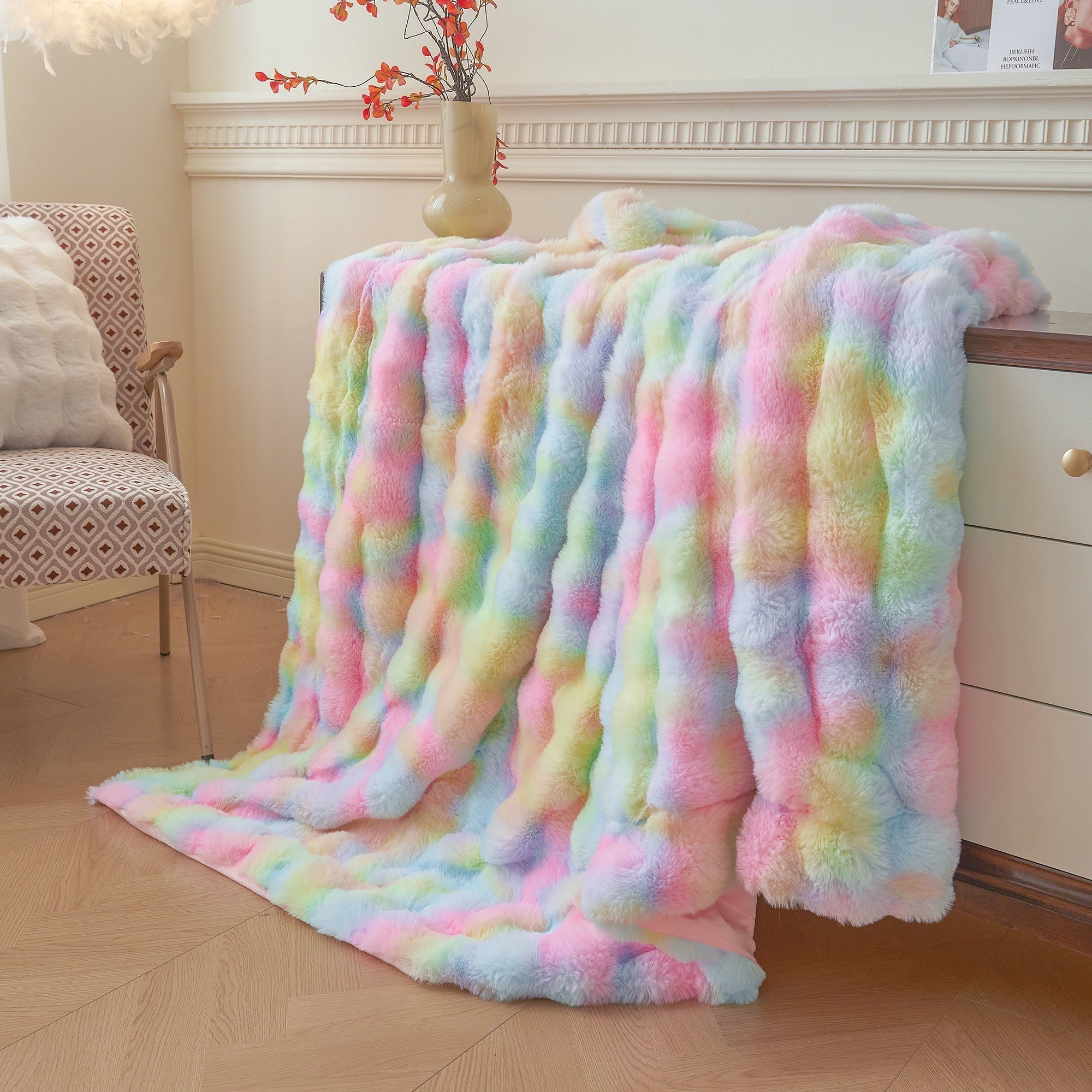 Super Soft Flannel Fluffy Faux Rabbit Fur Bubble Throw, Rainbow Plush Shaggy Blanket for Couch Sofa Chair, Soft Tie Dye Furry Blanket Ad... - Lightweight Plush Warm Blanket for All Seasons Detail