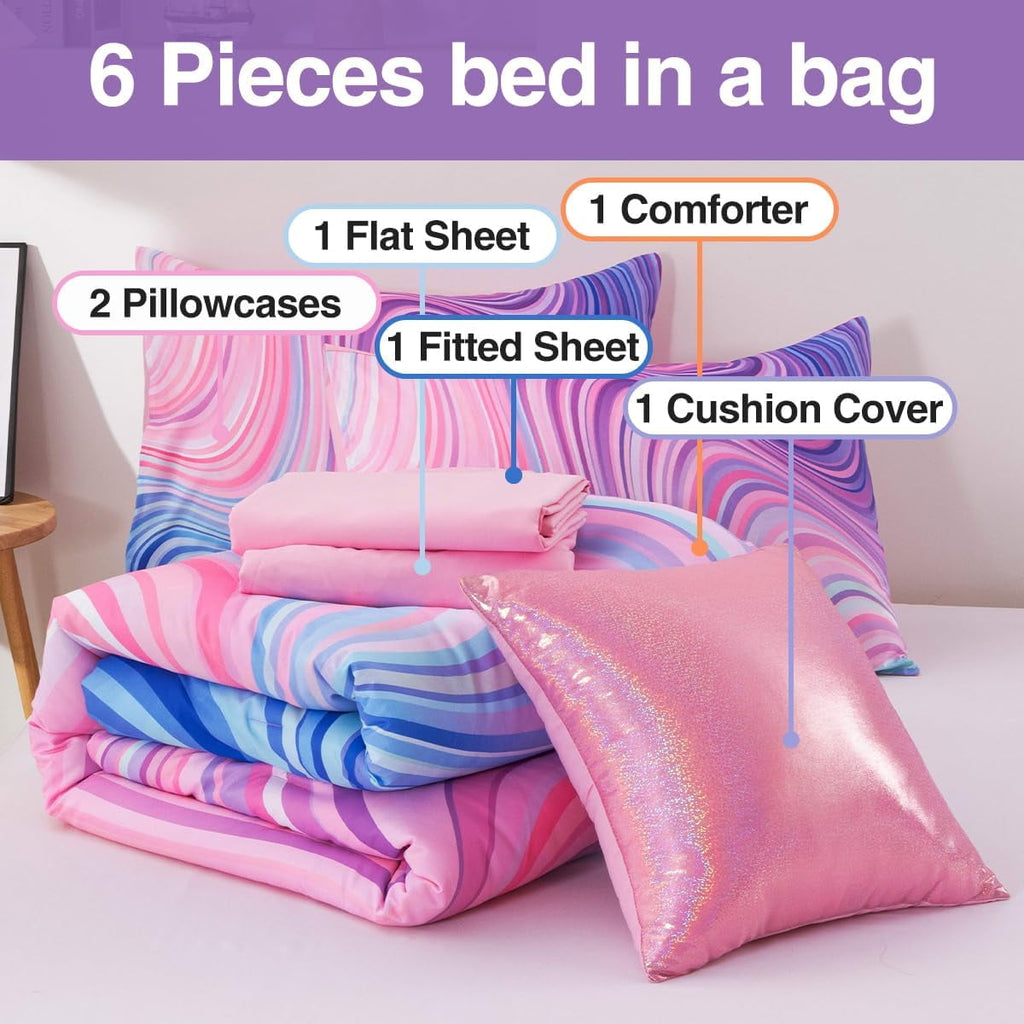 Luxurious Quilted 6 Pieces Gradient Star Ring Comforter Set, Colorful Glitter Rainbow Wave Stripes Pattern Bedding Set for Boys Girls T... - Hypoallergenic Ultra-Fluffy Quilt for Winter Detail