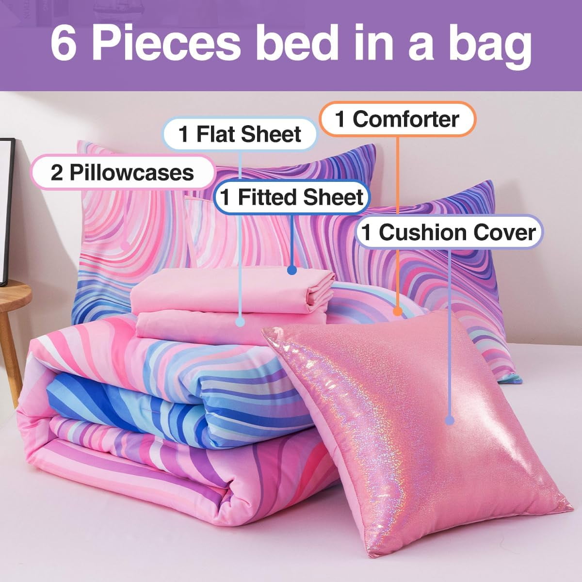 Luxurious Quilted 6 Pieces Gradient Star Ring Comforter Set, Colorful Glitter Rainbow Wave Stripes Pattern Bedding Set for Boys Girls T... - Hypoallergenic Ultra-Fluffy Quilt for Winter Detail