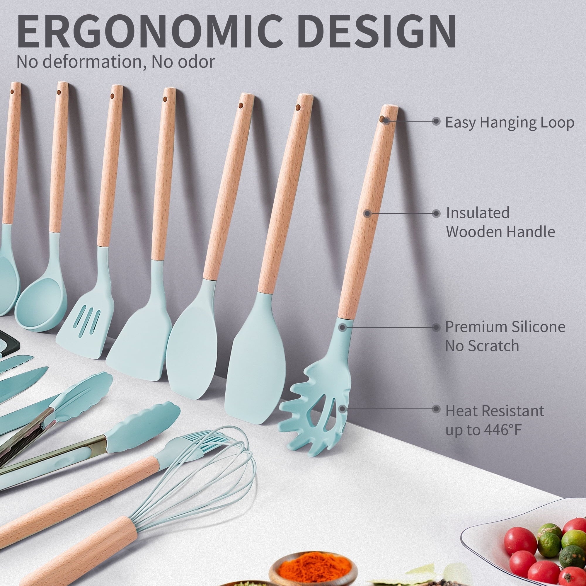High-Precision Silicone Kitchen Cooking Utensils Set, 19 Pieces Utensil with Holder, Heat Resistant, Green - Multi-Purpose Hand Tool for Daily Meal Prep Detail