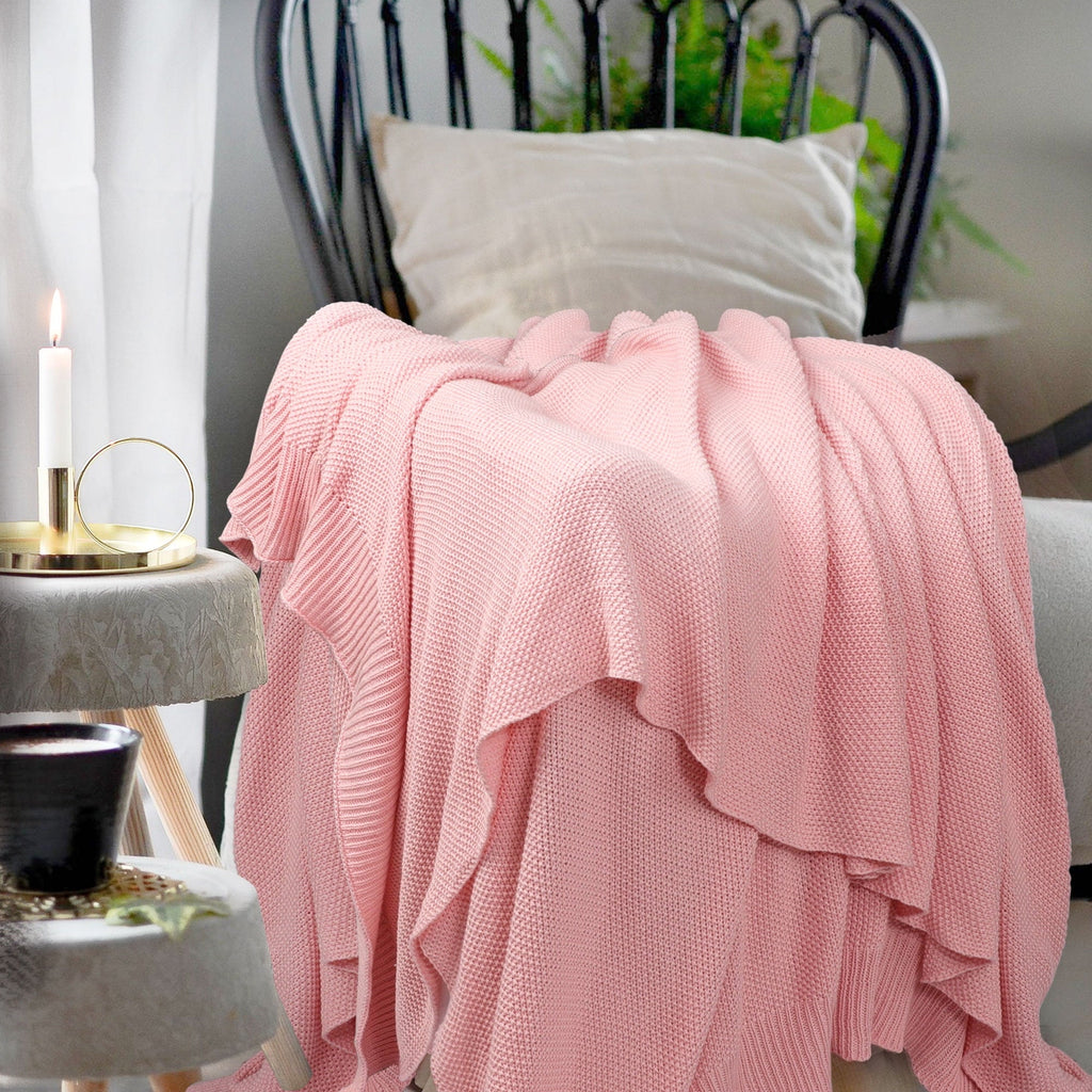 Super Soft Flannel Pure Cotton Soft Cable Knit Throw Blanket Pink 50" x 70" - Luxury Knitted Decorative Throw Blanket with Fringes Detail
