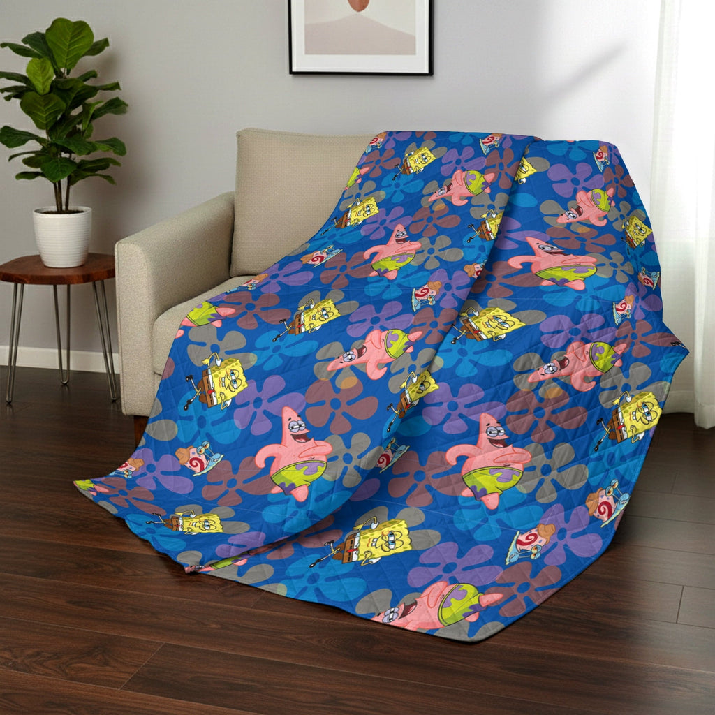 Lightweight Warm Spongebob Tropical Waltz Quilted Throw Blanket 60x80 inches, Kids Character Bedding - Luxury Knitted Decorative Throw Blanket with Fringes Detail