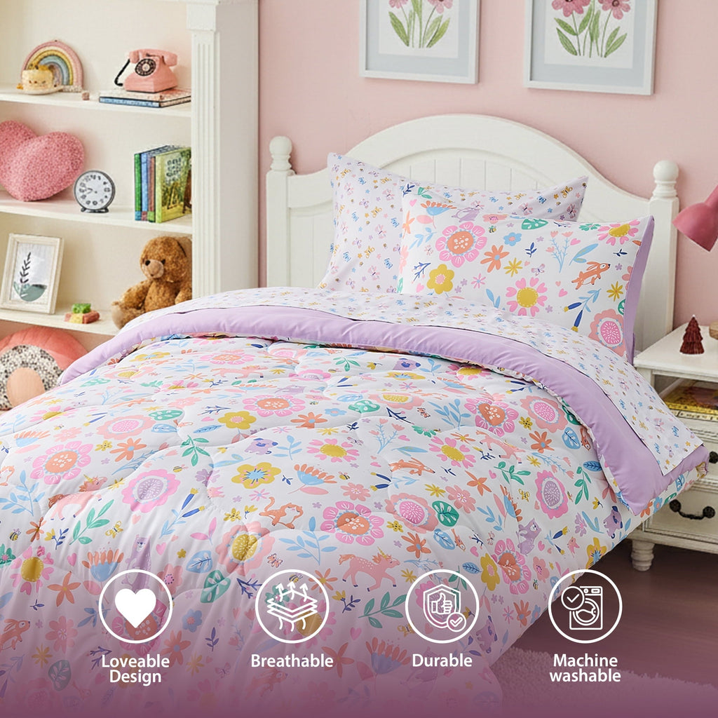 All-Season Floral Comforter Set, Soft Microfiber Flower Bedding Set, 5 Pieces with Comforter, Sheets and Pillowcases, Twin - Cloud-Like Soft Lightweight Bed Comforter Detail