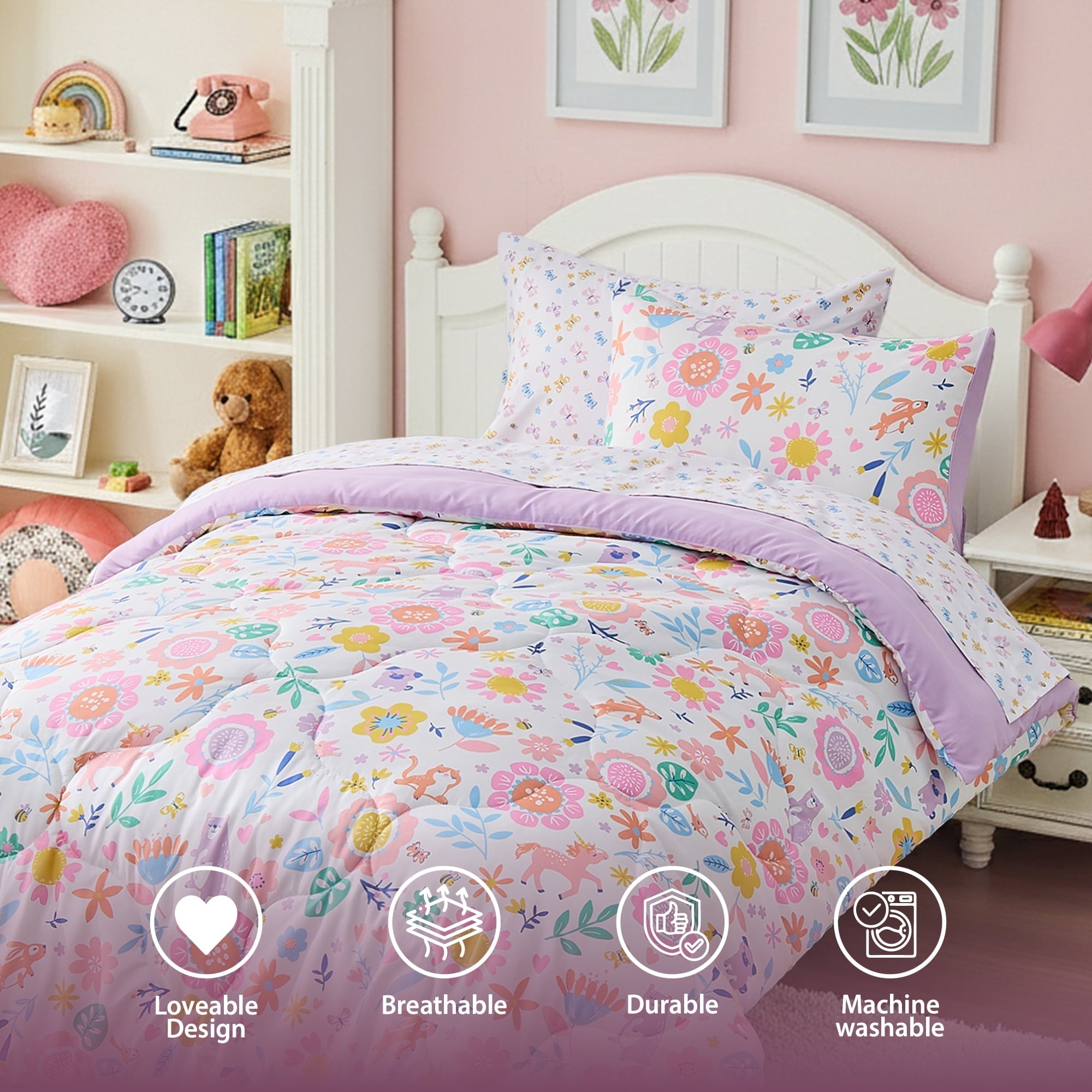 All-Season Floral Comforter Set, Soft Microfiber Flower Bedding Set, 5 Pieces with Comforter, Sheets and Pillowcases, Twin - Cloud-Like Soft Lightweight Bed Comforter Detail