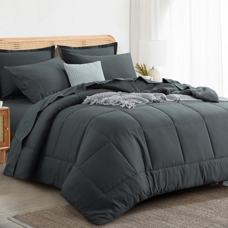 Fluffy Down Alternative 7 Pieces Comforter Set with Sheets - Bed in a Bag with Comforter and All Season Sheets, Pillowcases,Dark Gray,Queen - Luxurious Quilted Duvet Cover Set Detail