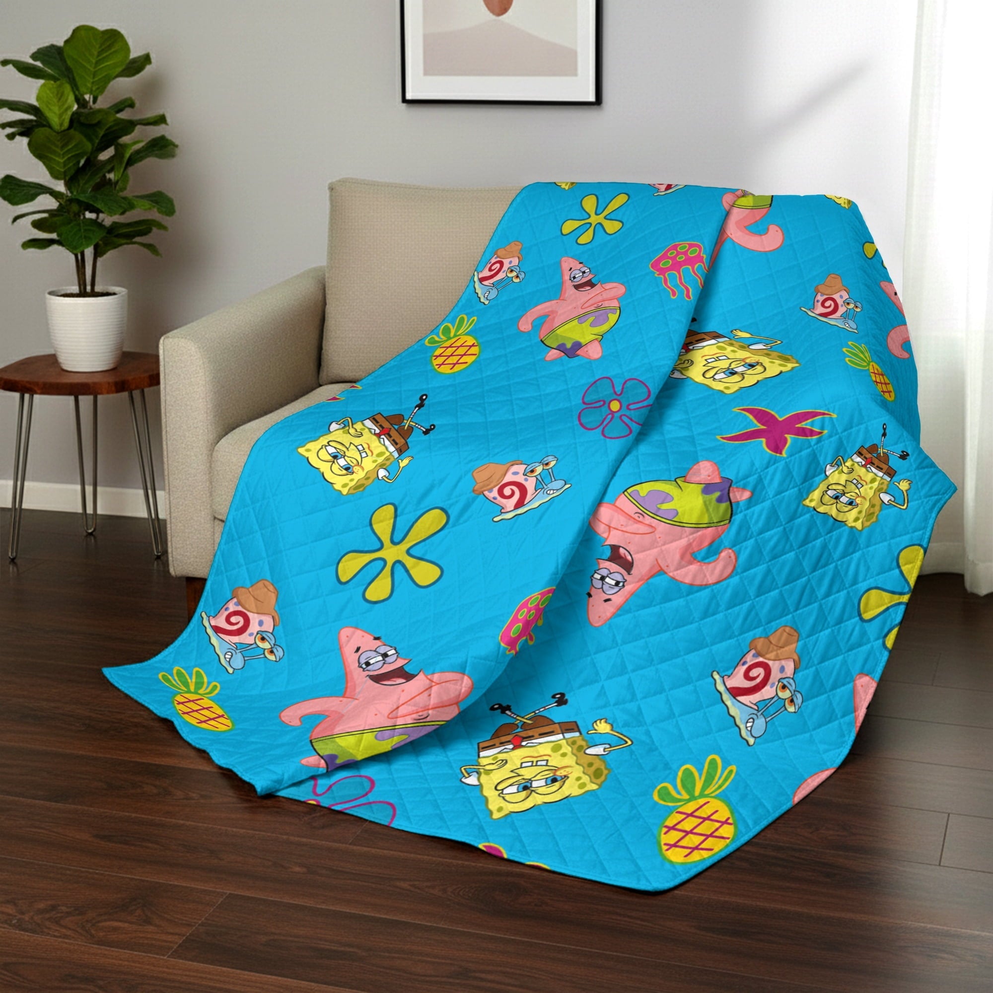 Lightweight Warm Spongebob Tropical Waltz Quilted Throw Blanket 60x80 inches, Kids Character Bedding - Luxury Knitted Decorative Throw Blanket with Fringes Detail