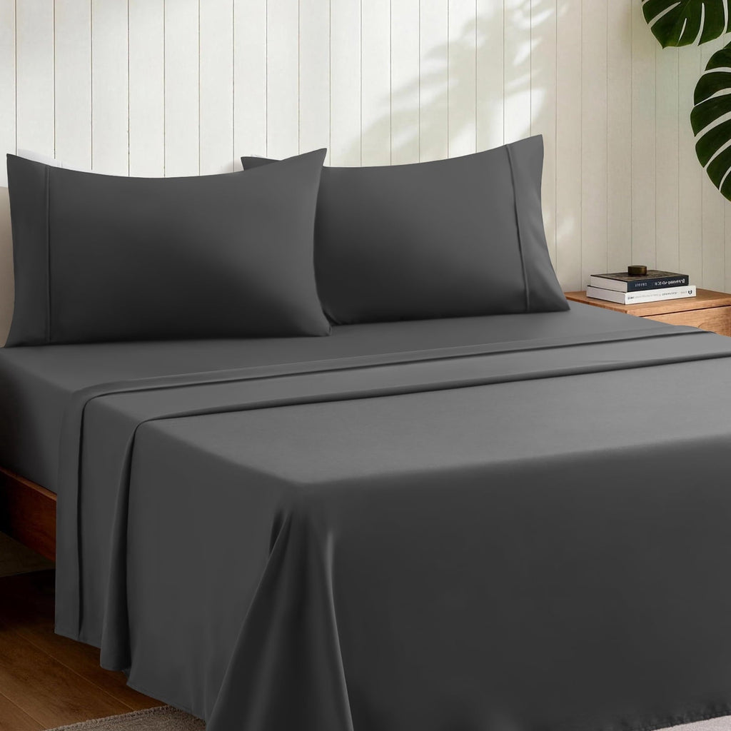 Wrinkle-Resistant Sheets,Soft Hotel Luxury Polyester Washed Cotton,4 Piece Sheets Set,with 14" Deep Pocket,Dark Gray - Breathable Egyptian Cotton Flat & Fitted Sheets Detail