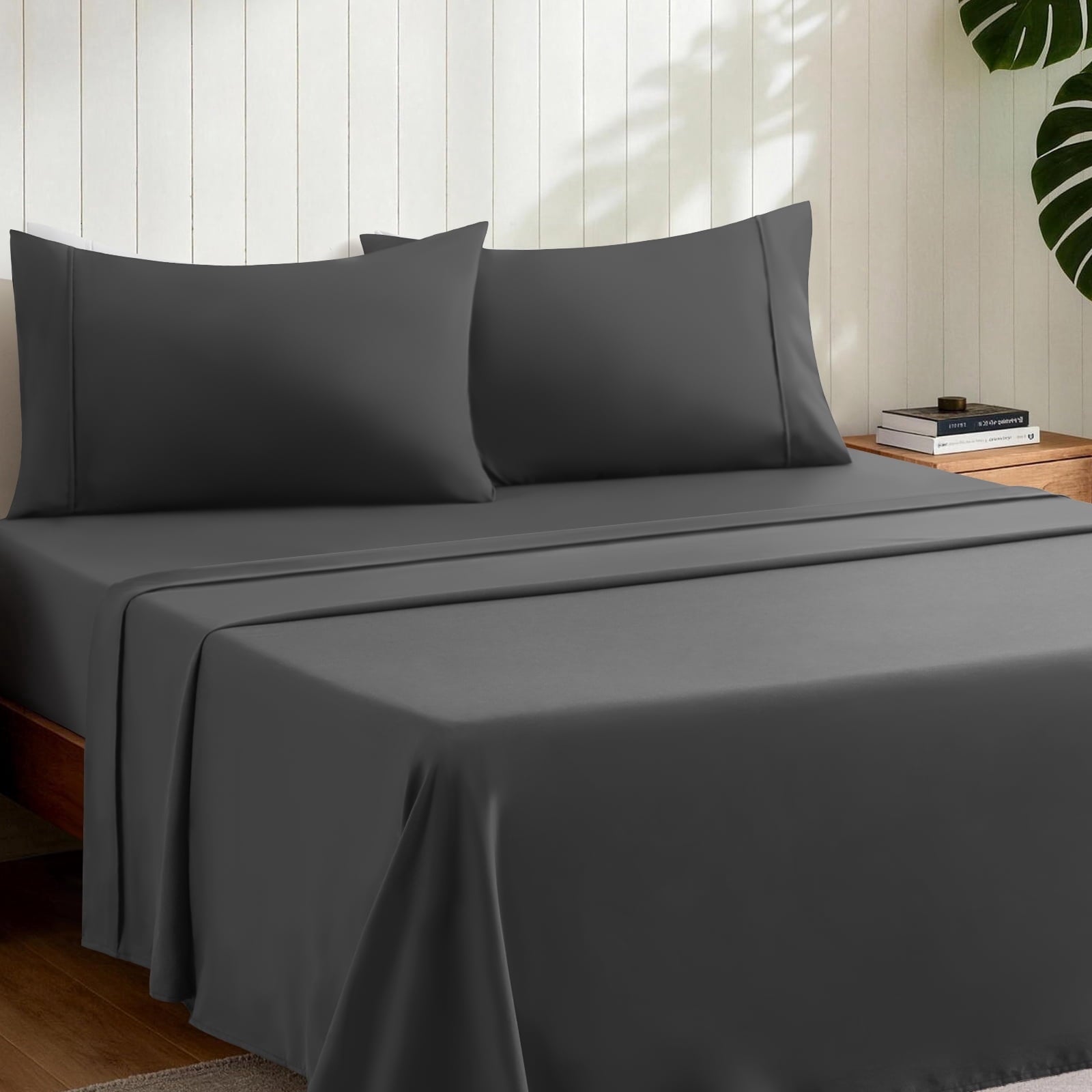 Wrinkle-Resistant Sheets,Soft Hotel Luxury Polyester Washed Cotton,4 Piece Sheets Set,with 14" Deep Pocket,Dark Gray - Breathable Egyptian Cotton Flat & Fitted Sheets Detail