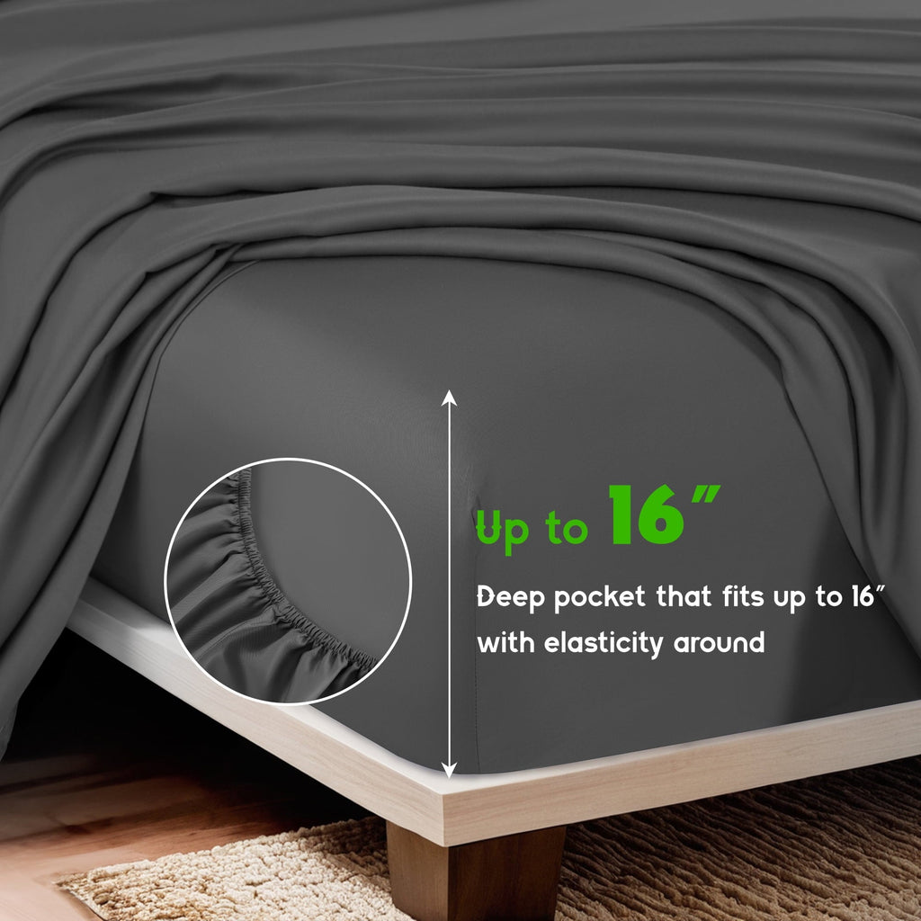 Wrinkle-Resistant Luxury Bamboo Bed Sheet Set - Deep Pockets - 4 Piece, Queen, Dark Gray - Premium Ultra-Soft Pillowcase Pair for Sleeping Detail