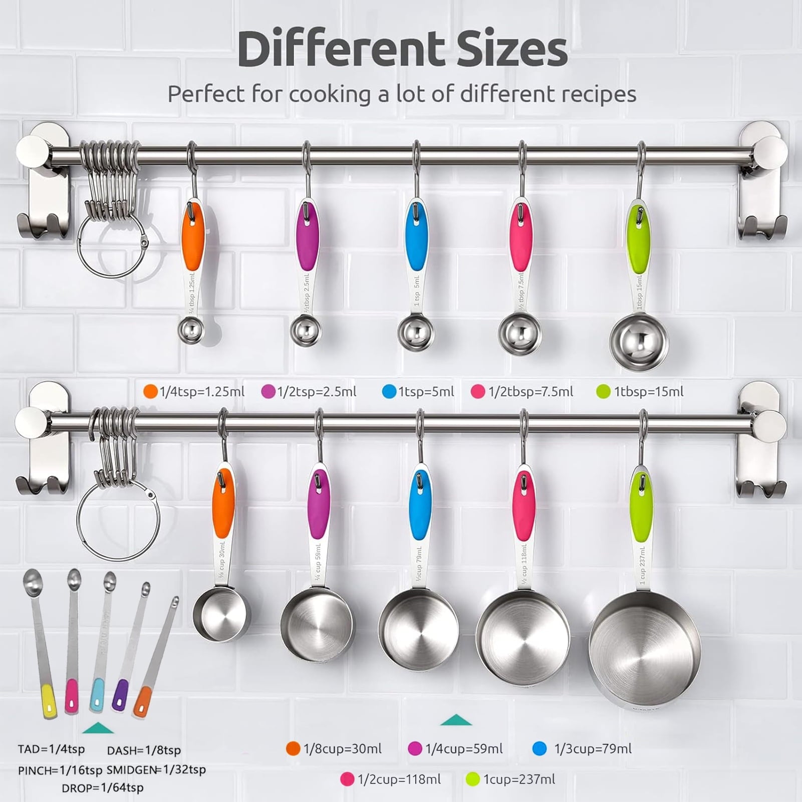 Heavy Duty Stainless Steel Measuring Cups and Spoons Set of 15, 5 Stainless Steel Nesting Measuring Cups & 5 Spoons, 5 Mini Meas... - Professional Kitchen Tool for Culinary Enthusiasts Detail