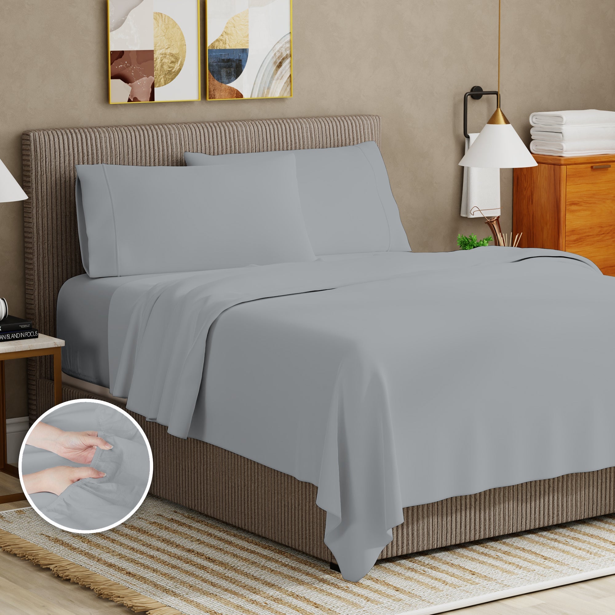 Premium Egyptian Cotton Soft Finish Microfiber Percale Queen Bed Sheet Set – 4-Piece Lightweight, Wrinkle-Resistant, Quick-Dry, Light Gray - Luxury Bed Sheet Set with Deep Pockets Detail