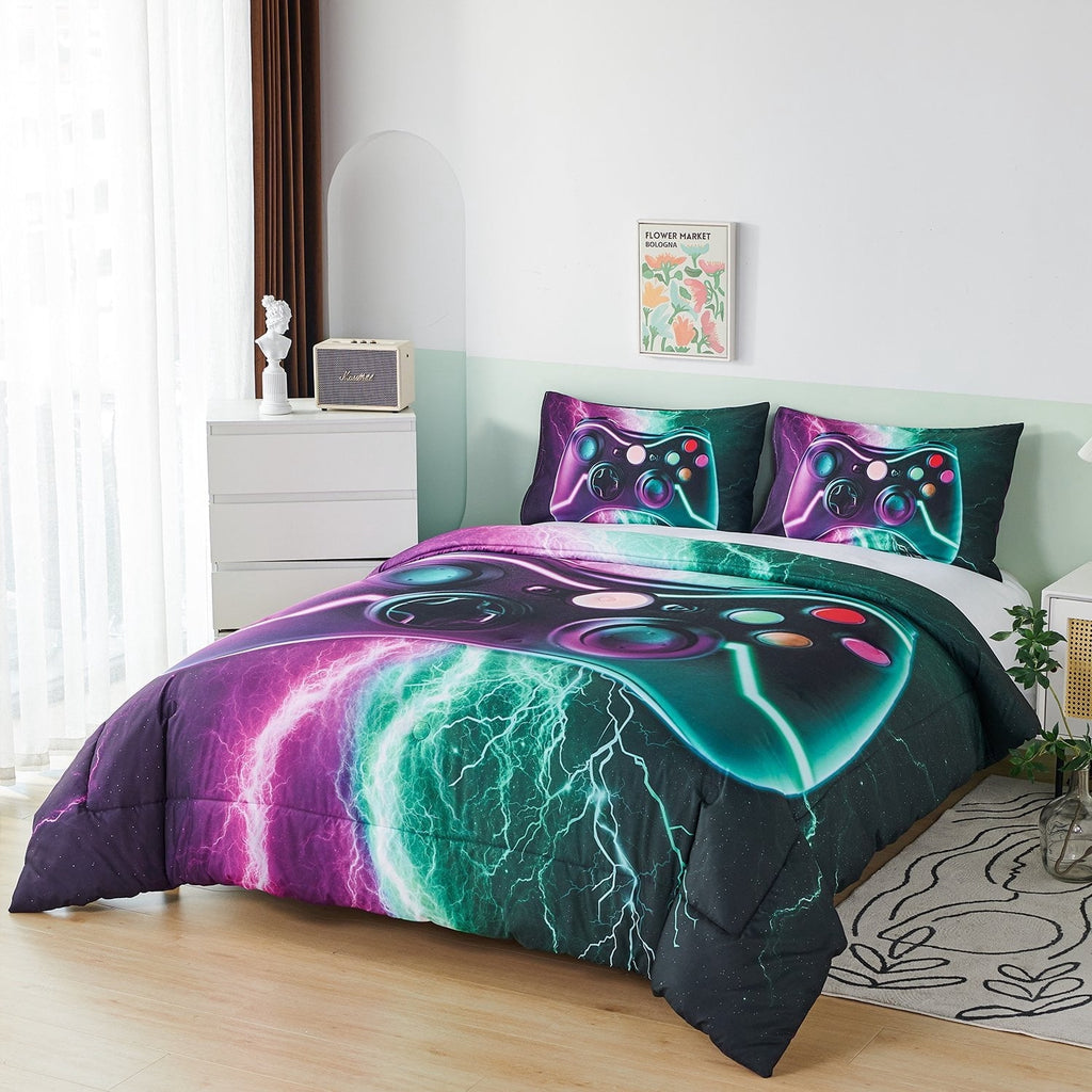 Heavyweight Warmth Queen Size Gaming Comforter Set for Boys,3-Piece 3D Green Purple Lightning Game Controller Bedding Set for Kids Teens - Cloud-Like Soft Lightweight Bed Comforter Detail