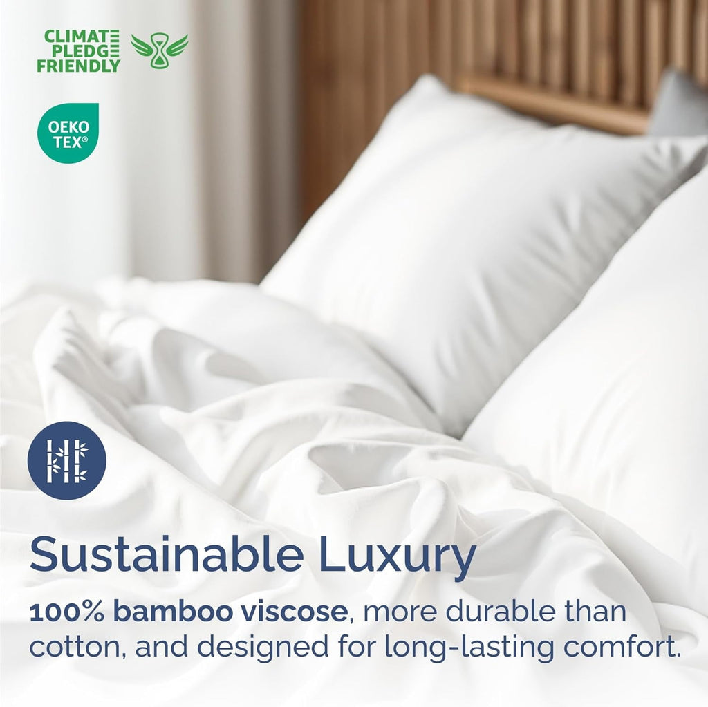 Wrinkle-Resistant 4-Piece Luxury Bamboo Cooling Sheet Set - Queen Size 100% Bamboo Derived Rayon Premium Bed Sheets, White - Luxury Bed Sheet Set with Deep Pockets Detail