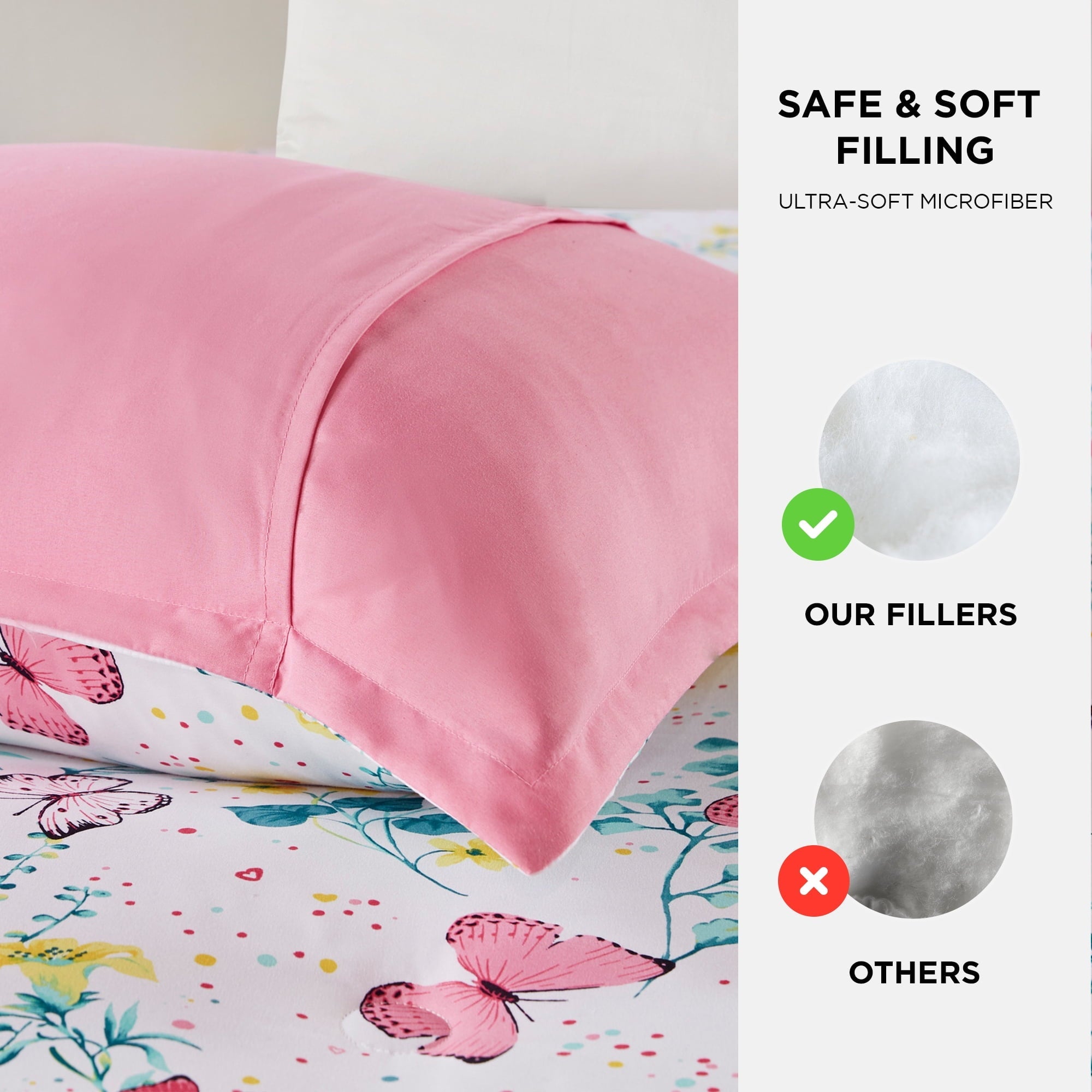 Fluffy Down Alternative Full/Queen Size Comforter Sets, 4-Piece Kids Bedding Set for Girls, Butterfly Floral Comforter Bed Set, White/Pink - Luxurious Quilted Duvet Cover Set Detail