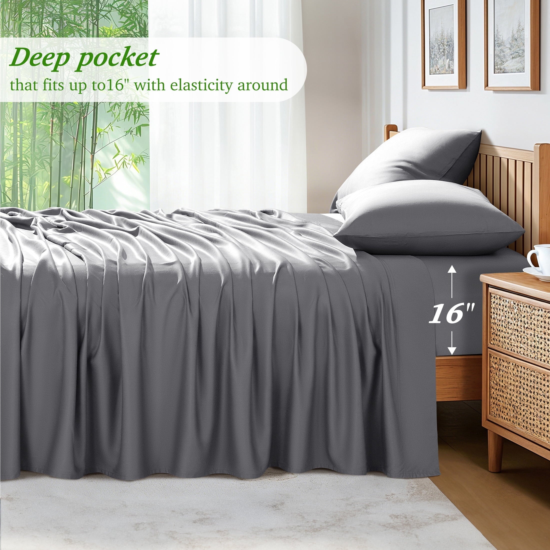 Breathable Luxury Bamboo Queen Sheet Set, Luxury Soft 4 Pieces Bed Sheets with 18" Deep Pocket, Gray - Cooling Hotel Quality Bedding Sheets and Pillowcases Detail