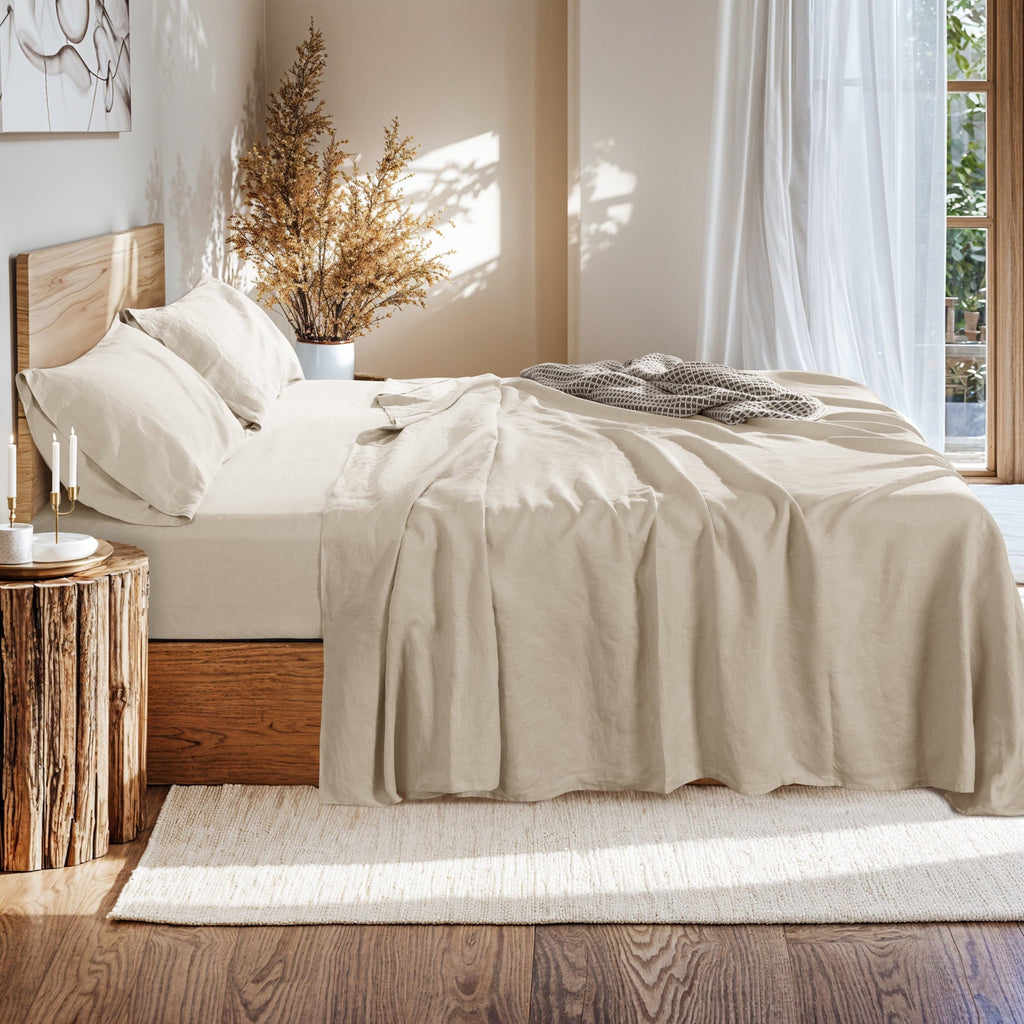Breathable Luxury Natural Linen Cotton Bed Sheets Set, Deep Pocket - Breathable - Durable - 4 Pieces (Linen, Queen) - Cooling Hotel Quality Bedding Sheets and Pillowcases Detail