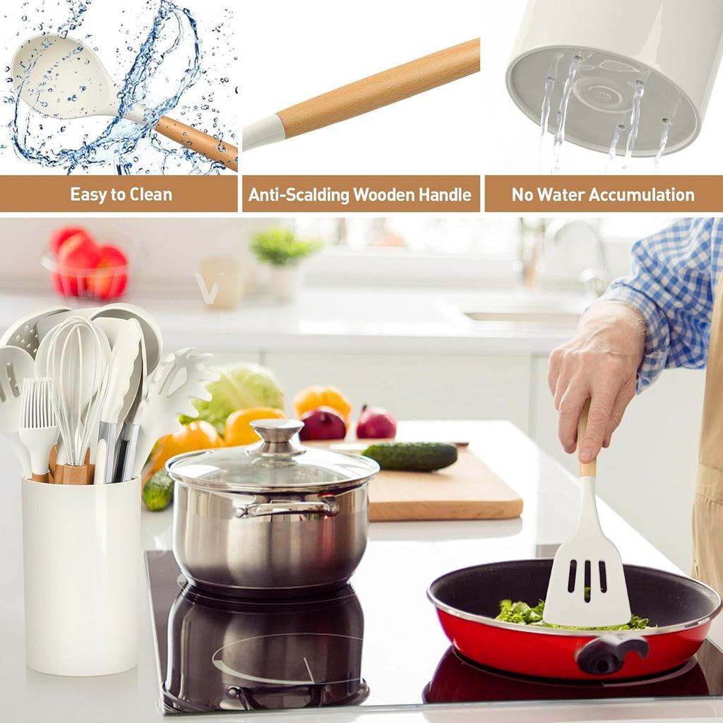 Seamless One-Piece Cooking Utensils Set, 12 packs Non-Stick Silicone Cooking Kitchen Utensils Spatula Set with Wooden Handles and... - Premium Stainless Steel Cooking Utensil for Non-Stick Pots Detail