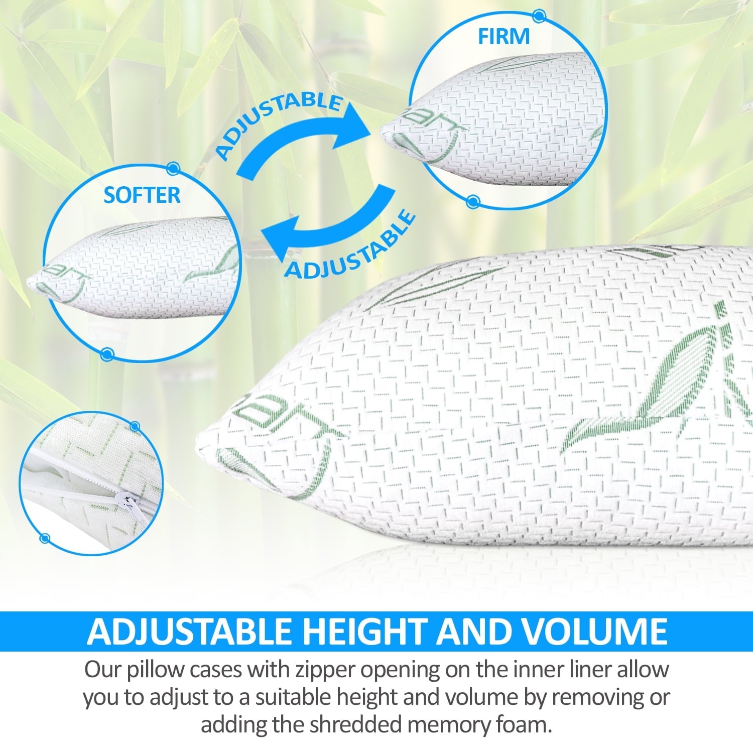 Ergonomic Memory Foam Queen Size Bamboo Pillow, Memory Foam Bed Pillows with Washable Pillowcases, Queen - Orthopedic Shredded Foam Bed Pillow Set Detail
