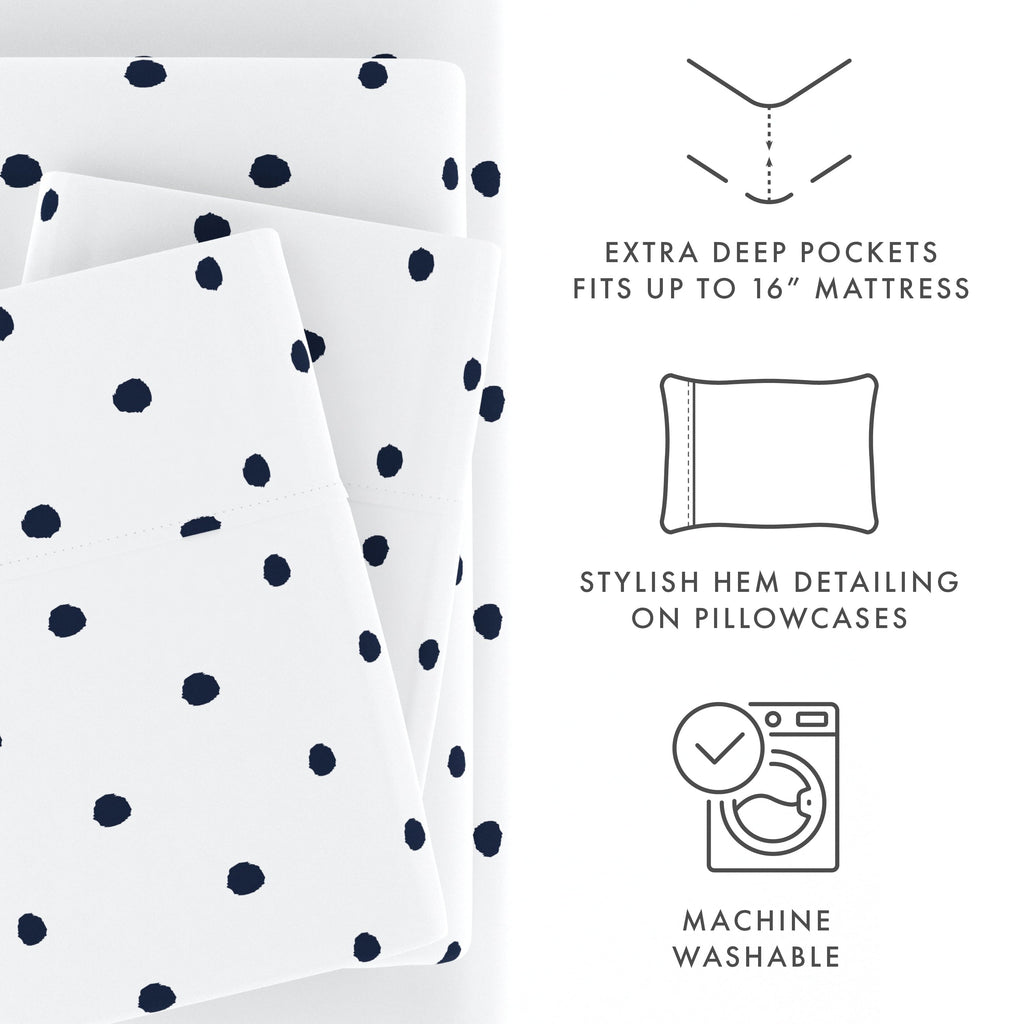 Ultra-Soft 4 Piece Pattern Microfiber Bed Sheets Set, Navy Dots, California King - Luxury Bed Sheet Set with Deep Pockets Detail
