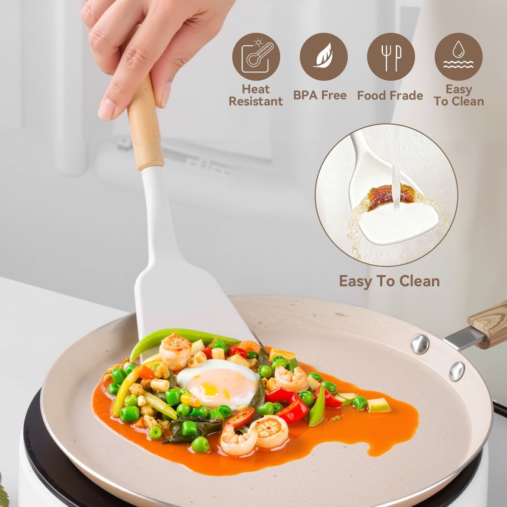 Ergonomic Cooking Kitchen Utensils Set for Cooking, 11 Cooking Utensils, 6 Knife set Beige,3 Utensil Sets,utensilios de cocina - Heat-Resistant Silicone Cooking Spatula Turner Detail