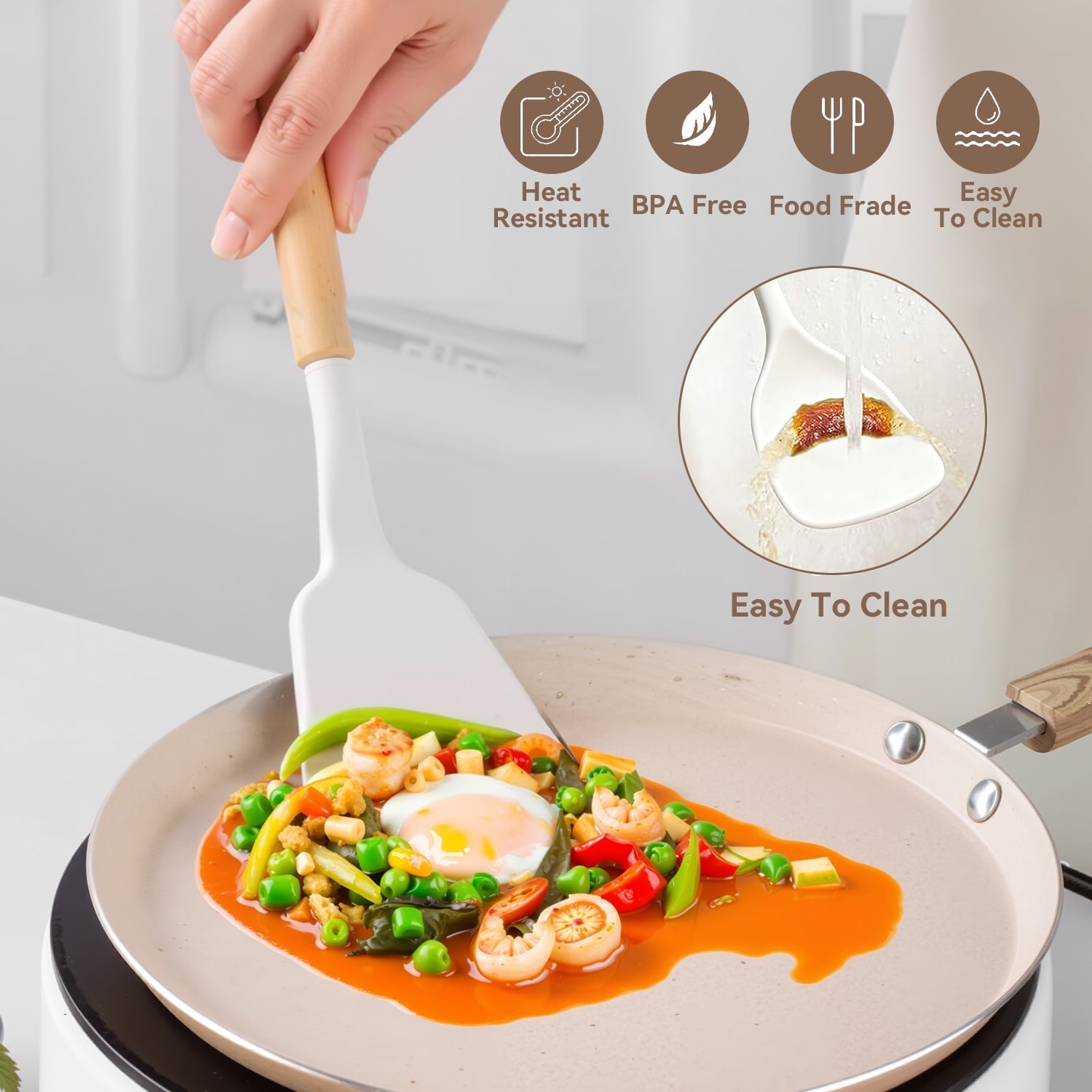 Ergonomic Cooking Kitchen Utensils Set for Cooking, 11 Cooking Utensils, 6 Knife set Beige,3 Utensil Sets,utensilios de cocina - Heat-Resistant Silicone Cooking Spatula Turner Detail