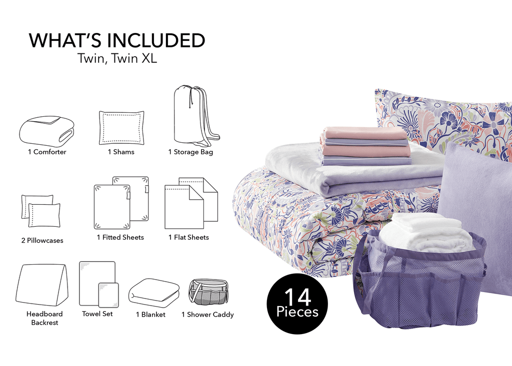 Hypoallergenic Cloud 14pc College Dorm Essentials Bundle, Twin-XL, Reversible Bed in a Bag Comforter Set, Purple Floral - All-Season Down Alternative Comforter Insert Detail