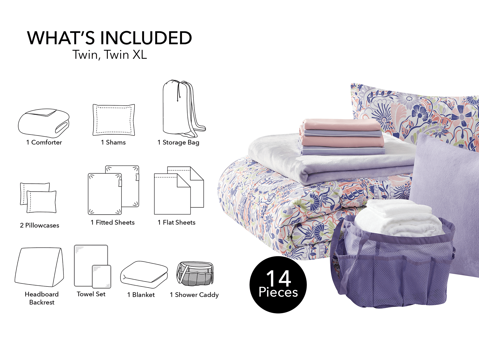 Hypoallergenic Cloud 14pc College Dorm Essentials Bundle, Twin-XL, Reversible Bed in a Bag Comforter Set, Purple Floral - All-Season Down Alternative Comforter Insert Detail